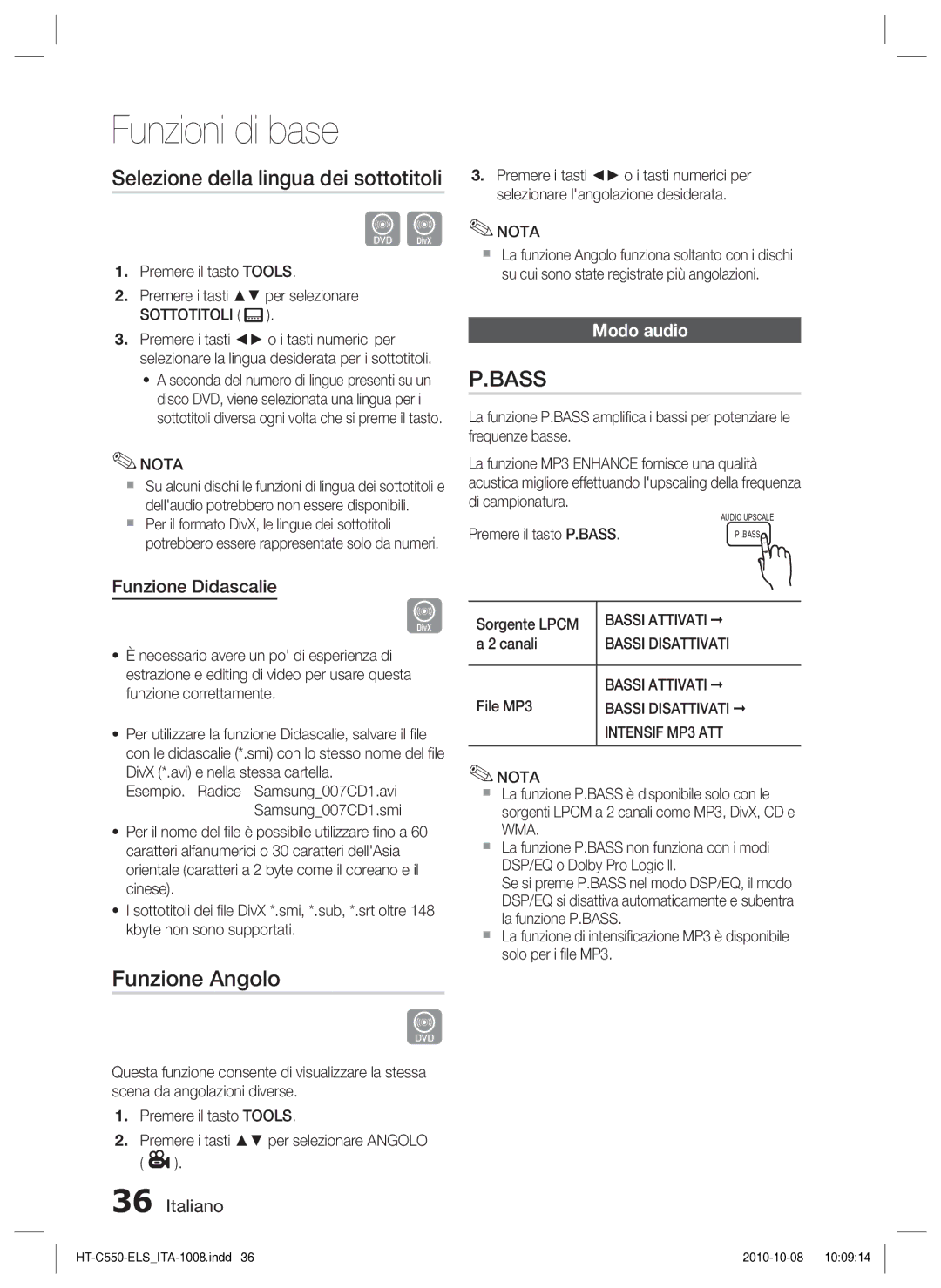 Samsung HT-C550/XEF manual Selezione della lingua dei sottotitoli, Funzione Angolo, Modo audio, Funzione Didascalie 