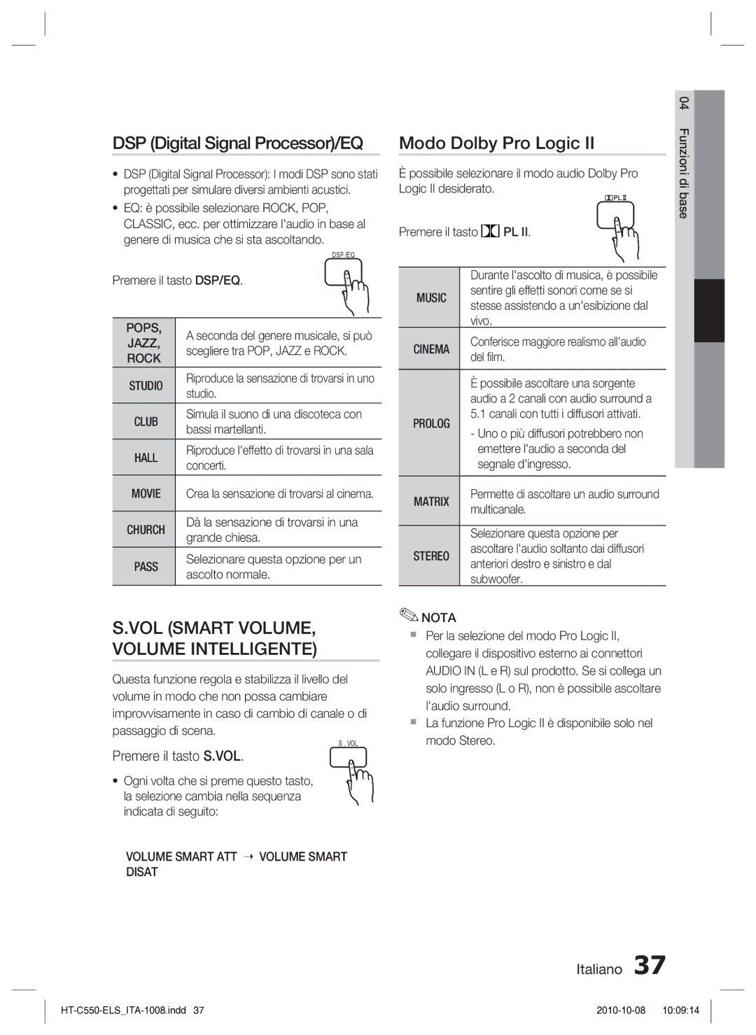 Samsung HT-C550/XEF manual DSP Digital Signal Processor/EQ, Modo Dolby Pro Logic, Premere il tasto S.VOL 