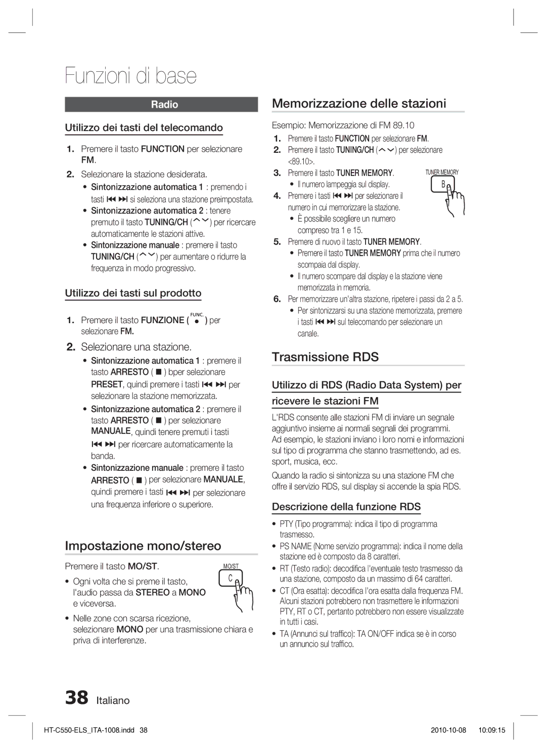 Samsung HT-C550/XEF Impostazione mono/stereo, Memorizzazione delle stazioni, Trasmissione RDS, Selezionare una stazione 