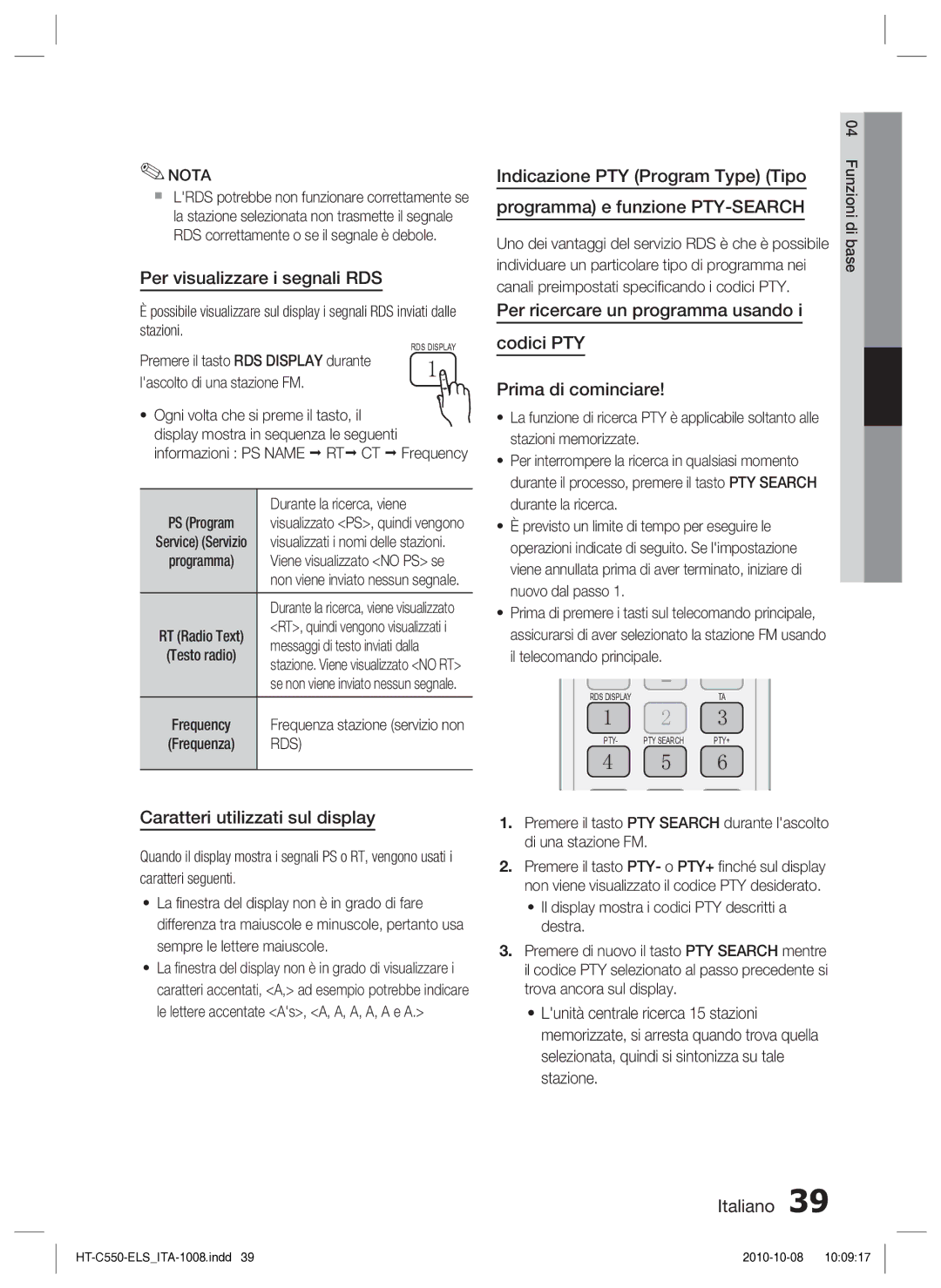 Samsung HT-C550/XEF manual Per visualizzare i segnali RDS, Caratteri utilizzati sul display, Rds 