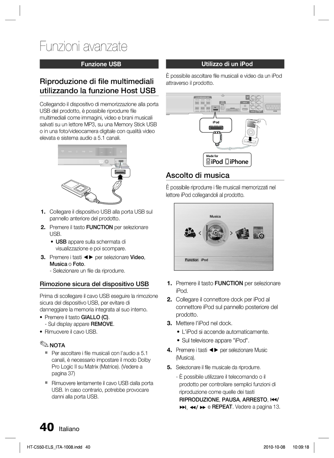 Samsung HT-C550/XEF manual Funzioni avanzate, Ascolto di musica, Funzione USB, Utilizzo di un iPod 