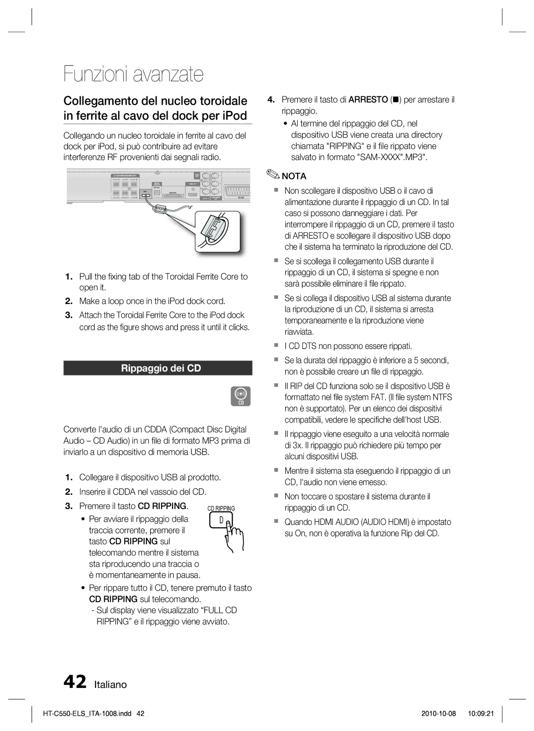 Samsung HT-C550/XEF manual Rippaggio dei CD, Premere il tasto di Arresto  per arrestare il rippaggio 