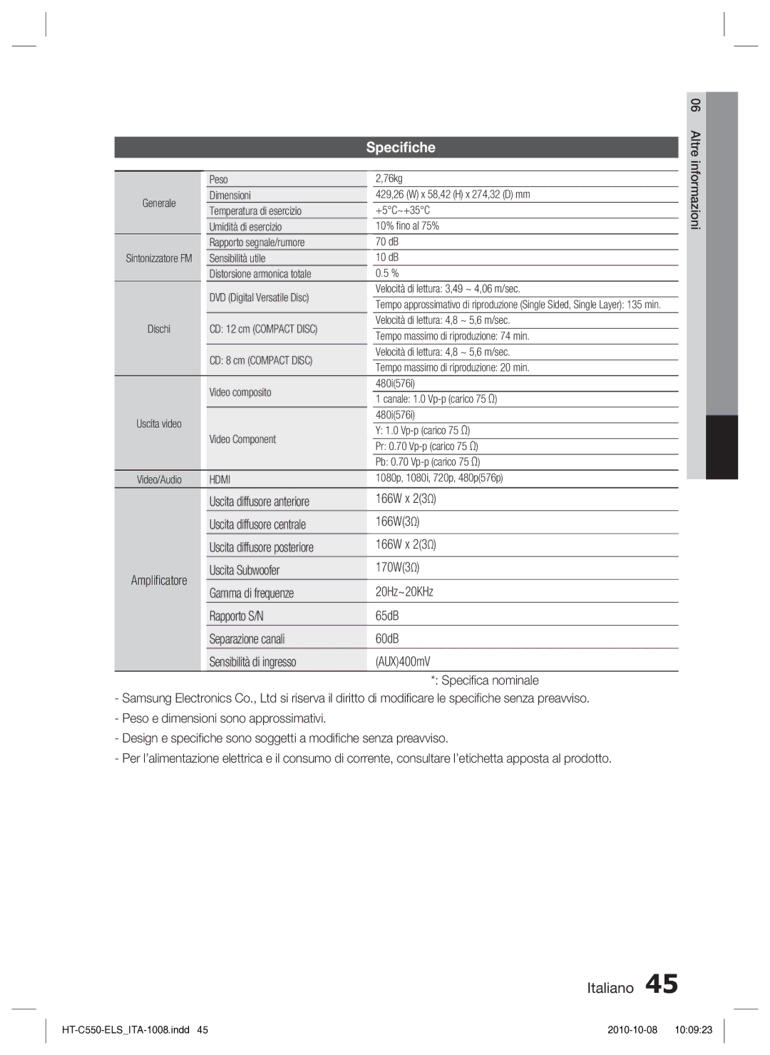 Samsung HT-C550/XEF manual Speciﬁche, 166W x 23Ω, 166W3Ω 