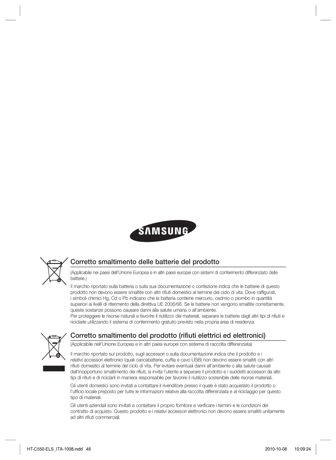 Samsung HT-C550/XEF manual Corretto smaltimento delle batterie del prodotto 