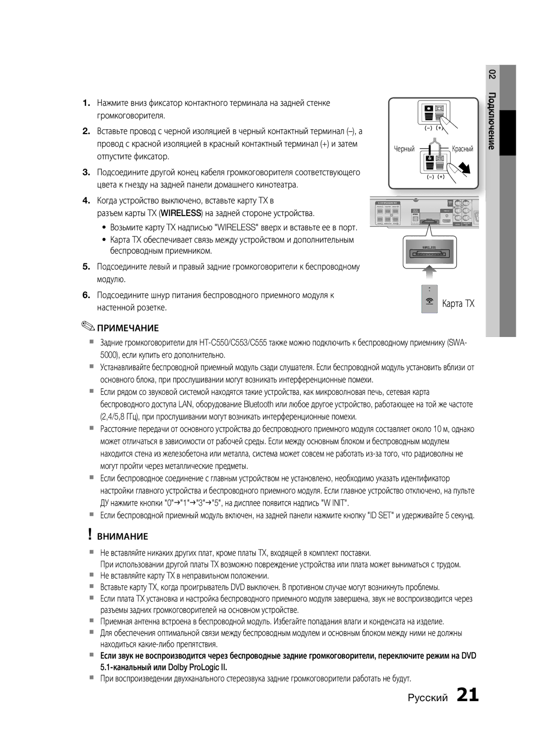 Samsung HT-C553/XER, HT-C553/NWT, HT-C655W/XER, HT-C555/XER manual  Не вставляйте карту TX в неправильном положении, Карта TX 