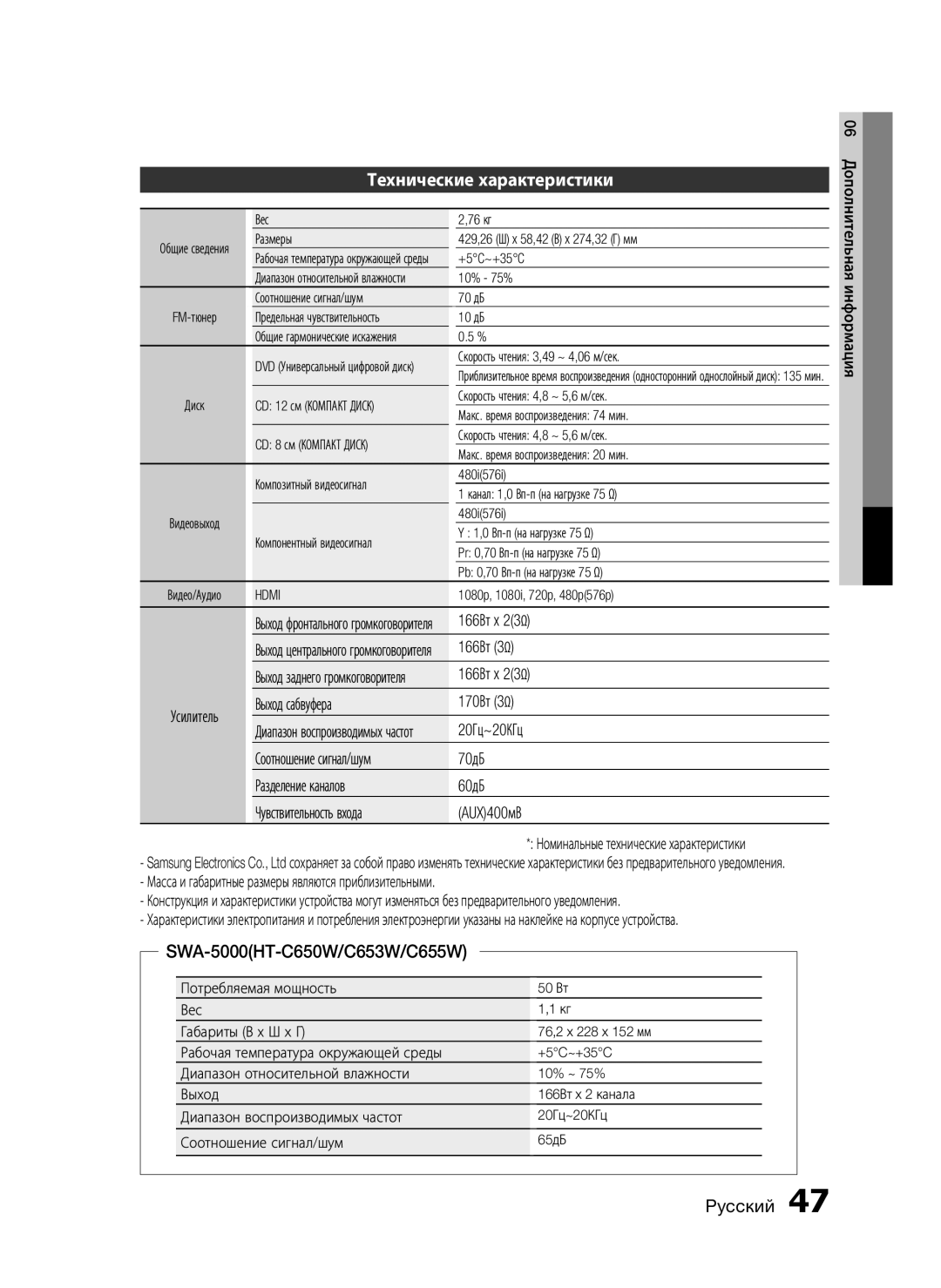 Samsung HT-C555/XER, HT-C553/NWT, HT-C553/XER, HT-C655W/XER manual Технические характеристики, SWA-5000HT-C650W/C653W/C655W 