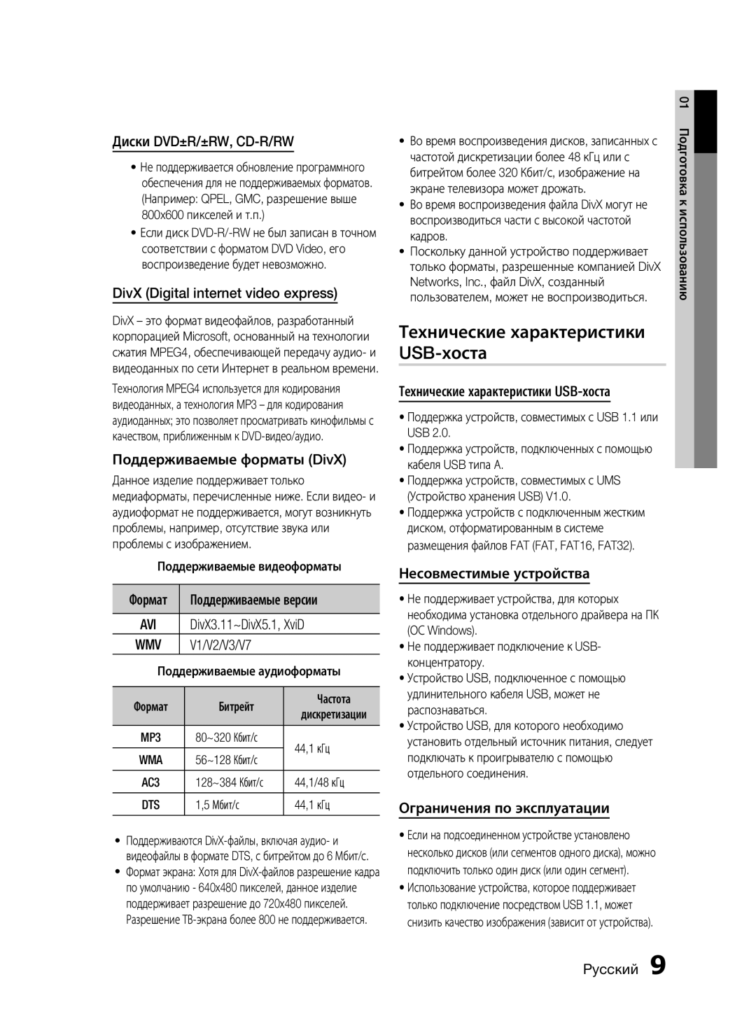 Samsung HT-C553/XER, HT-C553/NWT, HT-C655W/XER, HT-C555/XER manual Технические характеристики USB-хоста 