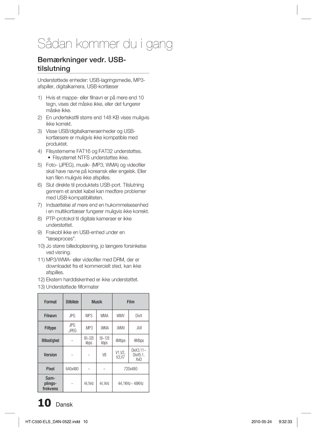 Samsung HT-C550/XEE, HT-C553/XEE, HT-C555/XEE manual Bemærkninger vedr. USB- tilslutning, Avi 