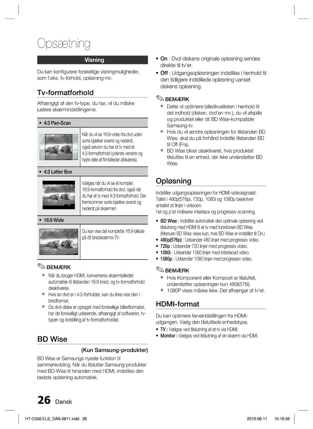 Samsung HT-C555/XEE, HT-C553/XEE, HT-C550/XEE manual Tv-formatforhold, BD Wise, Opløsning, HDMI-format, Visning 