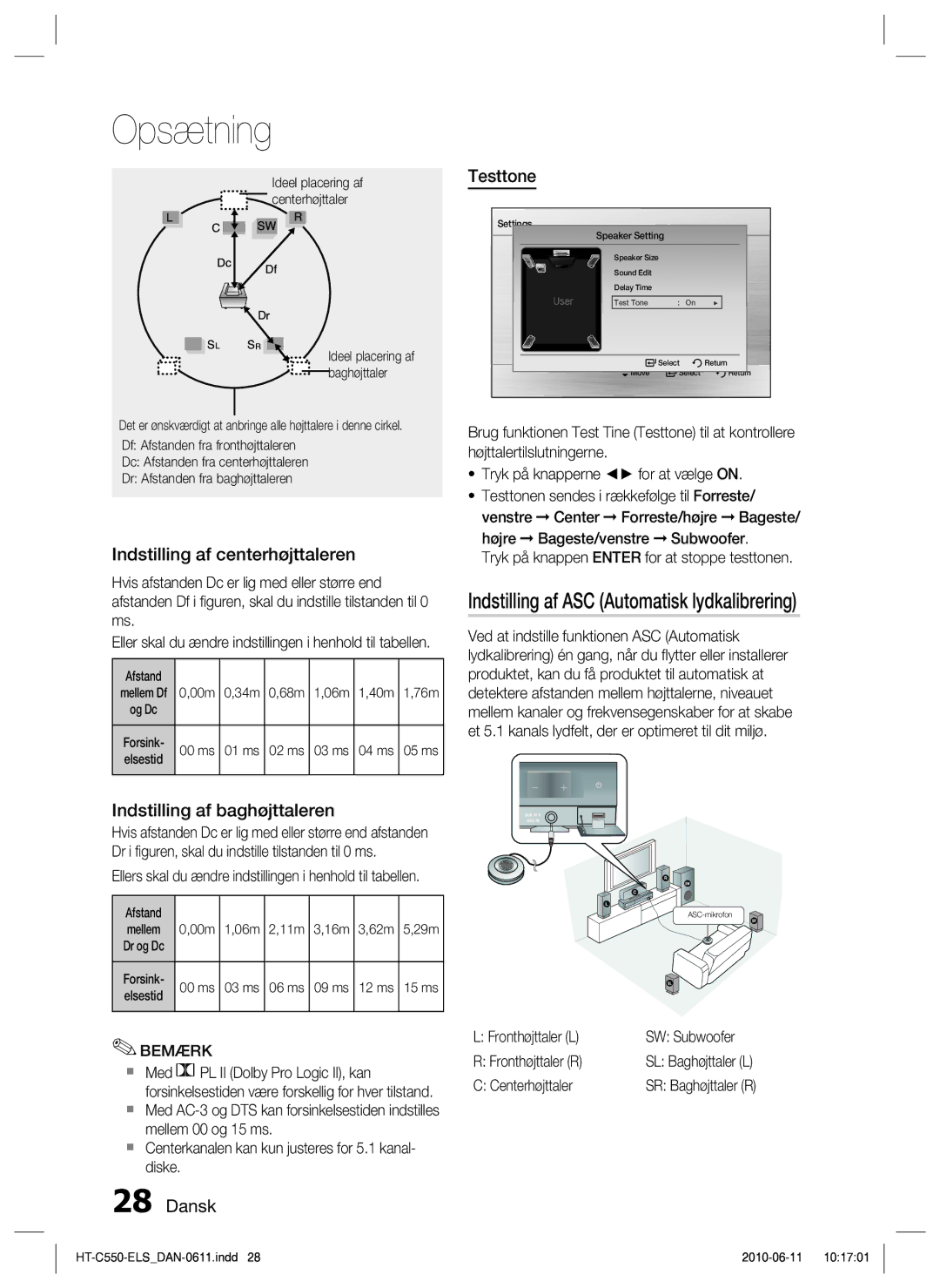 Samsung HT-C550/XEE, HT-C553/XEE Indstilling af ASC Automatisk lydkalibrering, Testtone, Indstilling af centerhøjttaleren 