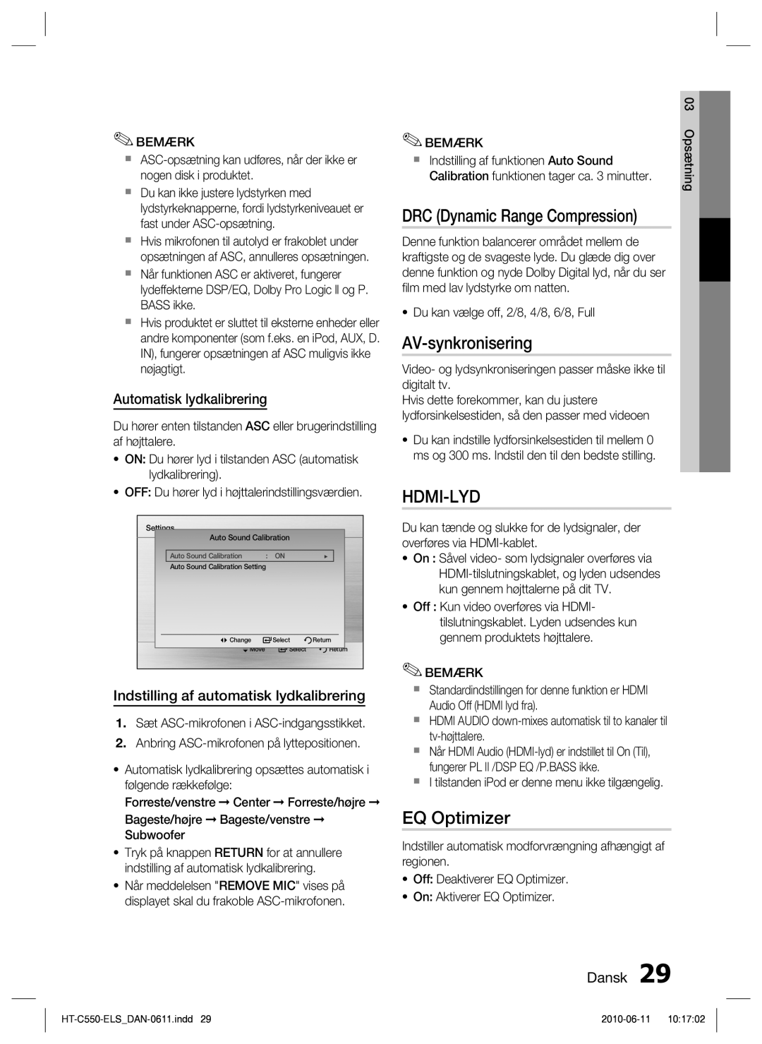 Samsung HT-C555/XEE AV-synkronisering, EQ Optimizer, Automatisk lydkalibrering, Indstilling af automatisk lydkalibrering 