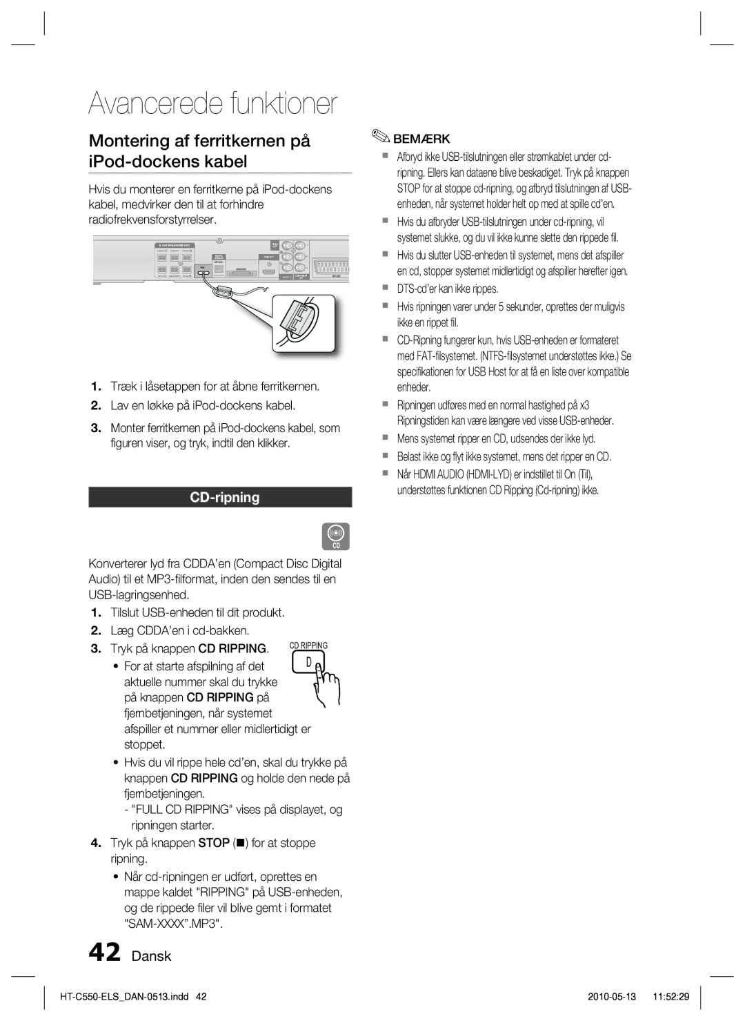 Samsung HT-C553/XEE manual Montering af ferritkernen på iPod-dockens kabel, CD-ripning, For at starte afspilning af det 