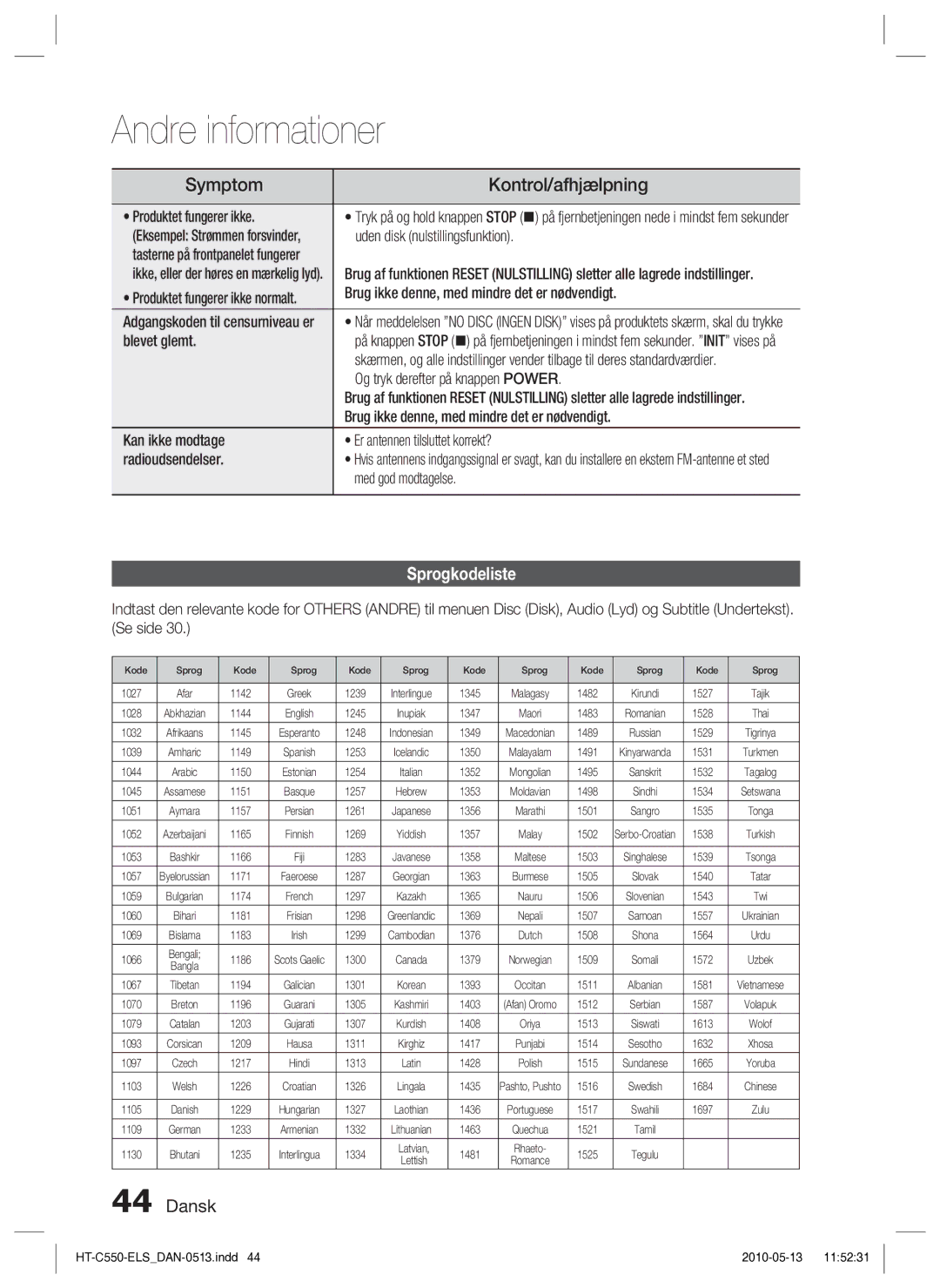 Samsung HT-C555/XEE, HT-C553/XEE, HT-C550/XEE manual Sprogkodeliste 