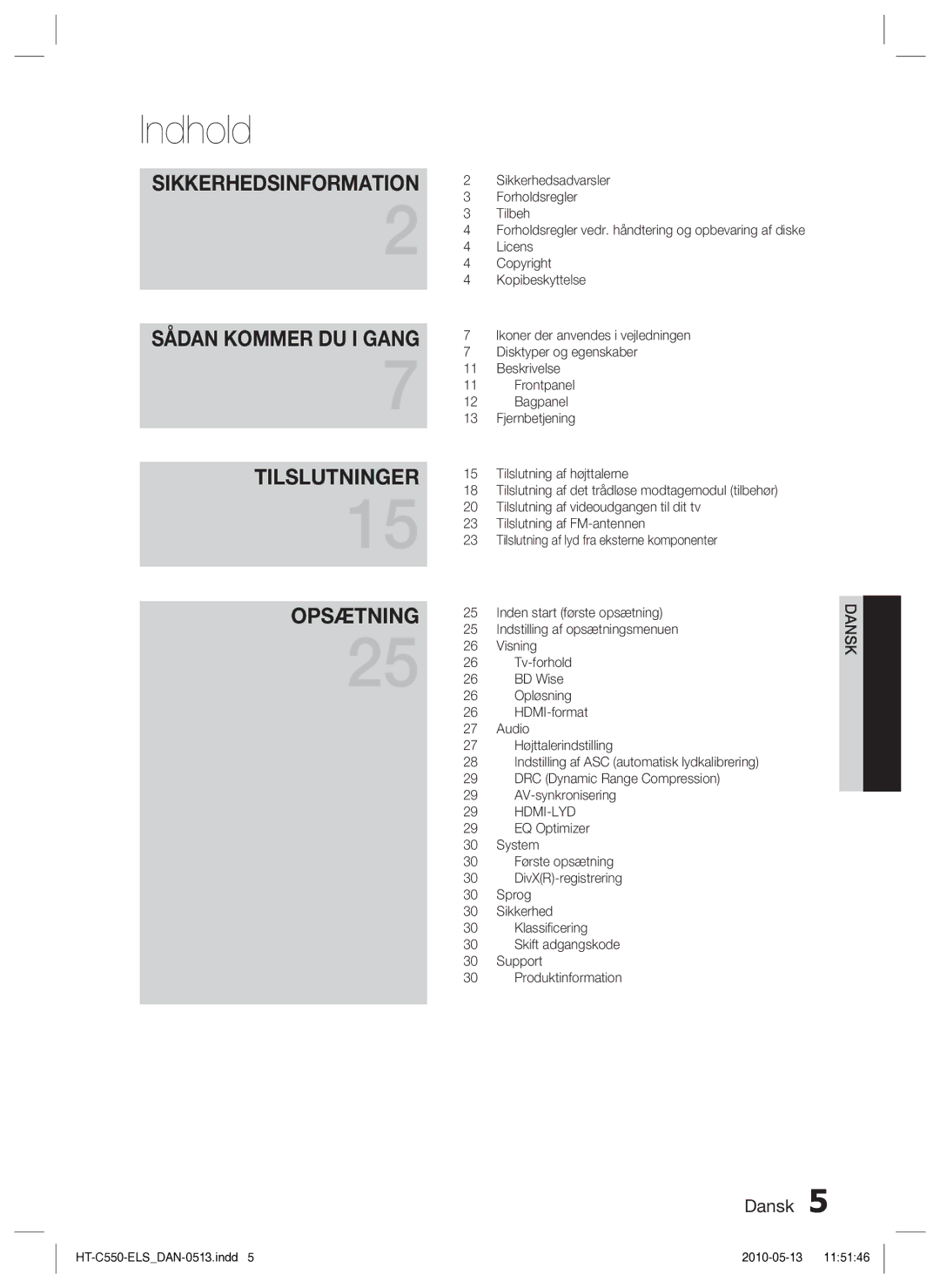 Samsung HT-C555/XEE, HT-C553/XEE, HT-C550/XEE manual Indhold, Sikkerhedsinformation 