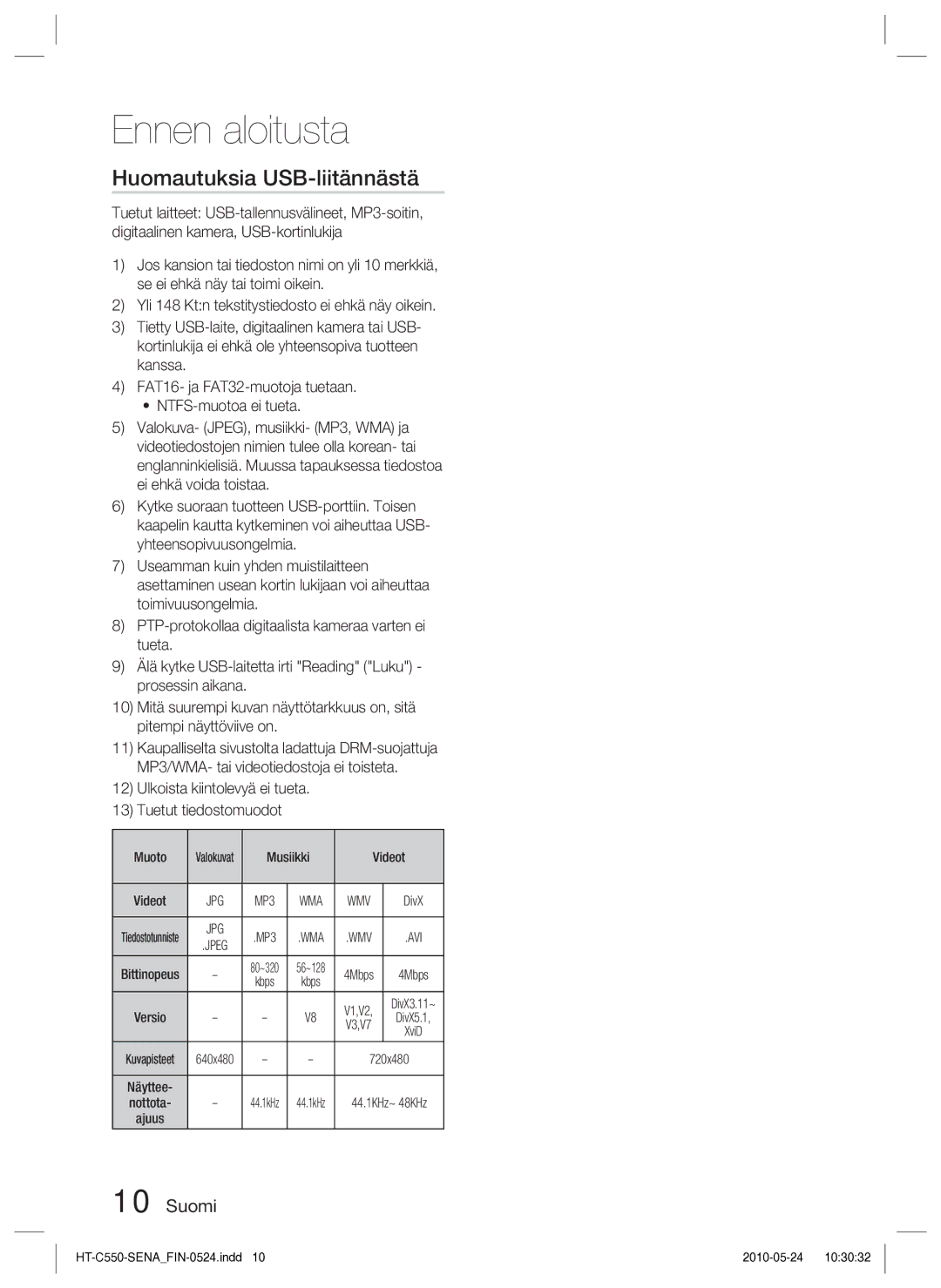 Samsung HT-C550/XEE, HT-C553/XEE manual Huomautuksia USB-liitännästä, Ulkoista kiintolevyä ei tueta Tuetut tiedostomuodot 