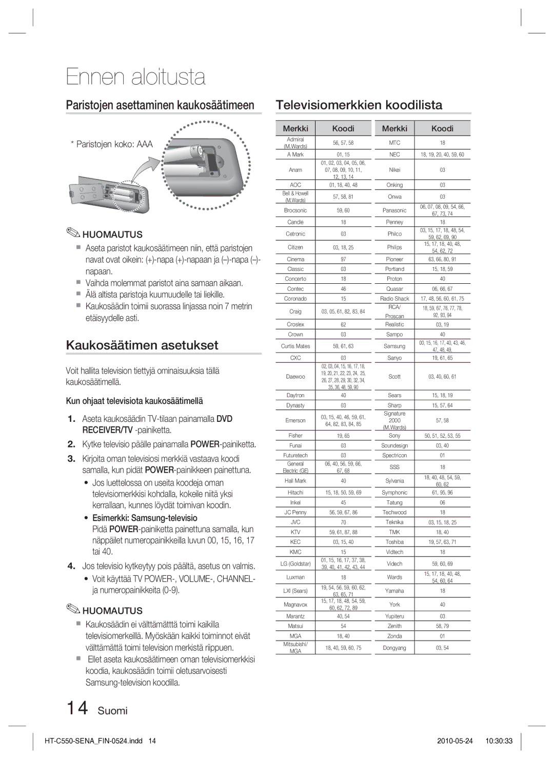 Samsung HT-C555/XEE manual Televisiomerkkien koodilista, Kaukosäätimen asetukset, Paristojen asettaminen kaukosäätimeen 