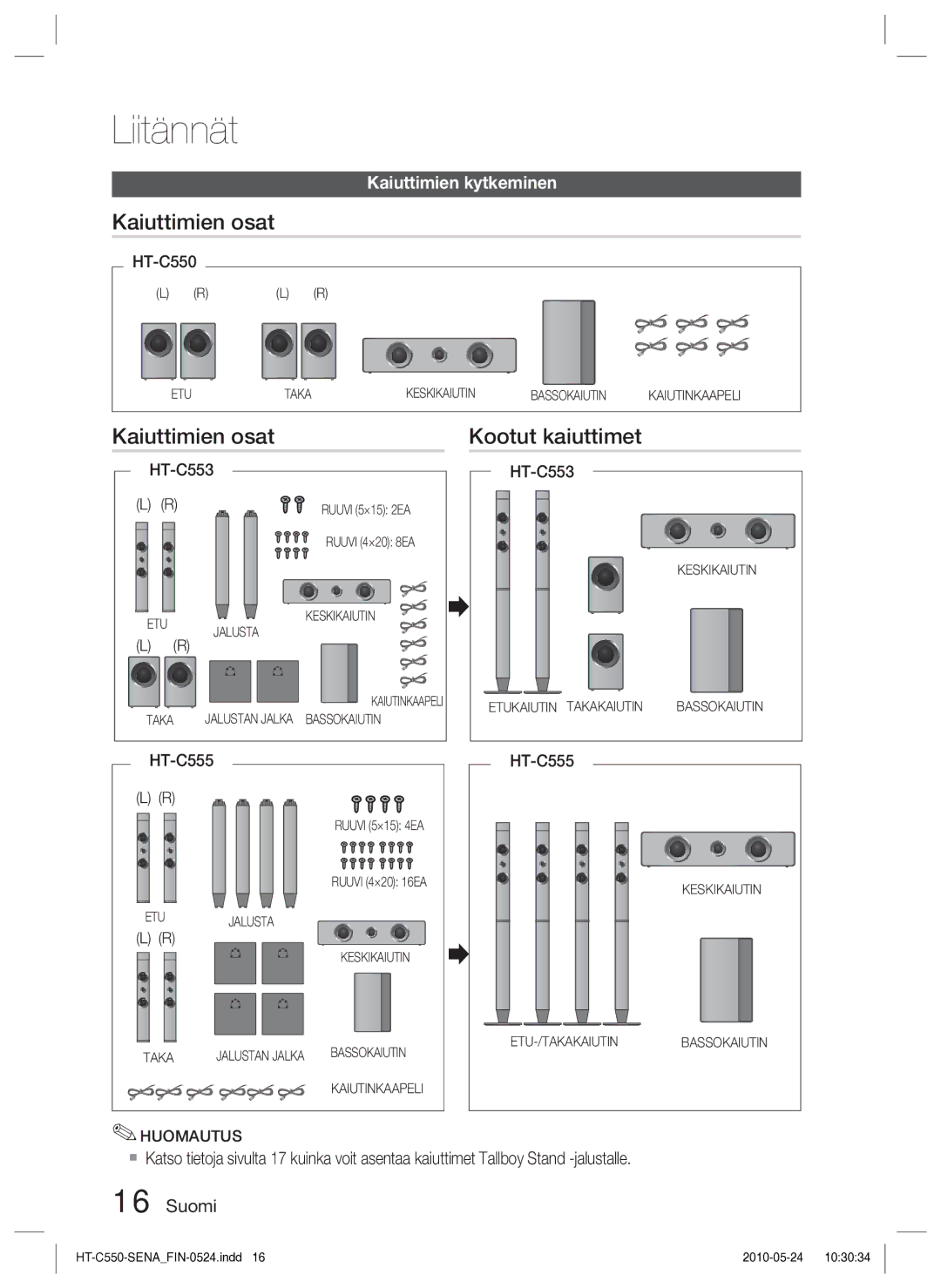 Samsung HT-C550/XEE, HT-C553/XEE, HT-C555/XEE manual Kaiuttimien osat Kootut kaiuttimet 