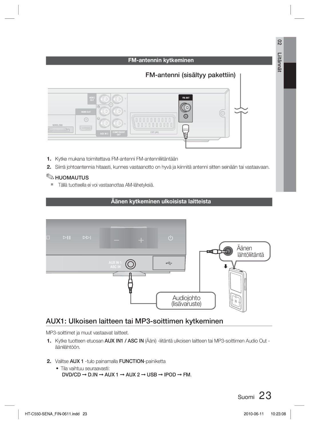 Samsung HT-C555/XEE, HT-C553/XEE manual AUX1 Ulkoisen laitteen tai MP3-soittimen kytkeminen, FM-antenni sisältyy pakettiin 