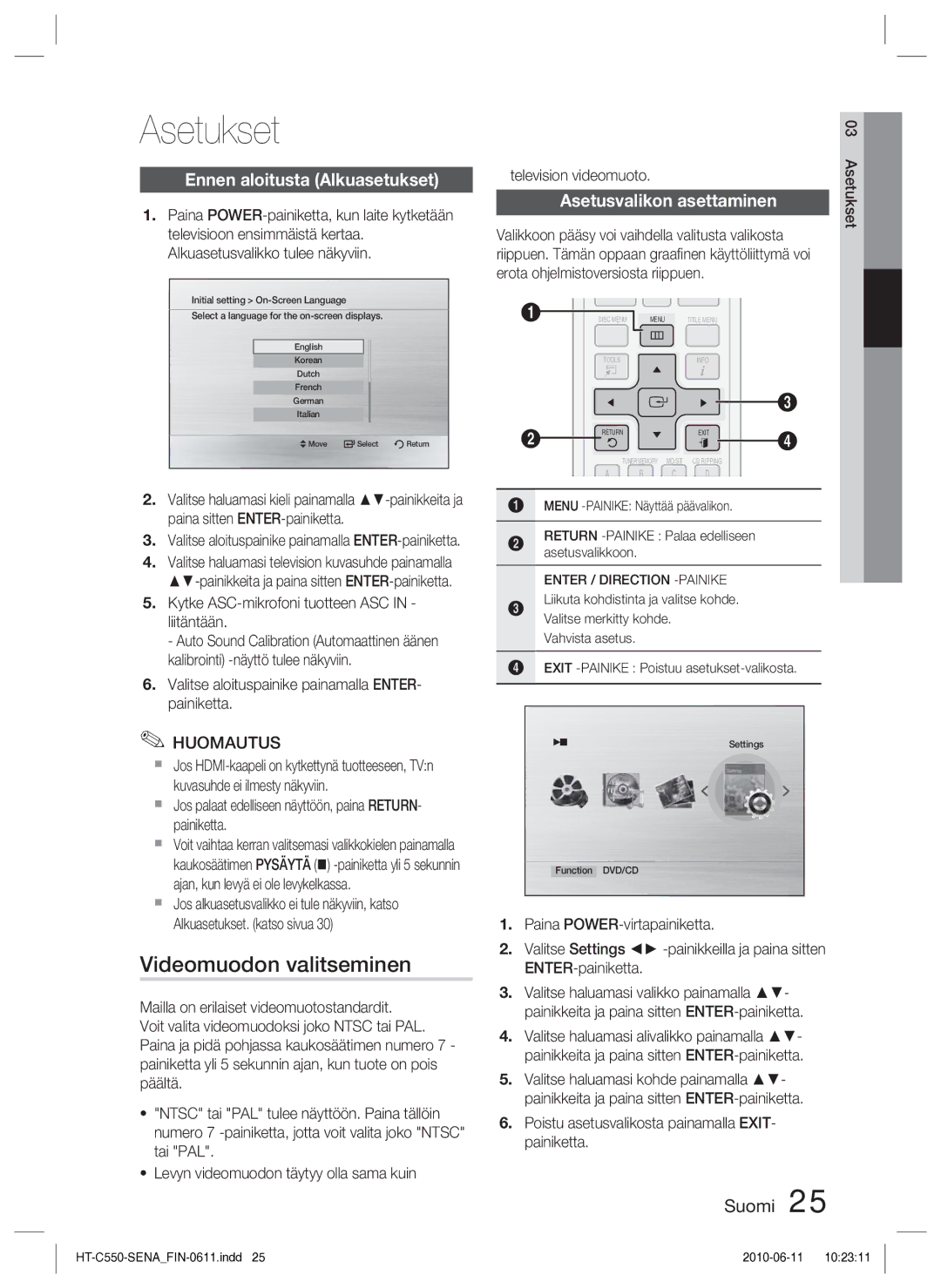 Samsung HT-C550/XEE manual Asetukset, Videomuodon valitseminen, Ennen aloitusta Alkuasetukset, Asetusvalikon asettaminen 