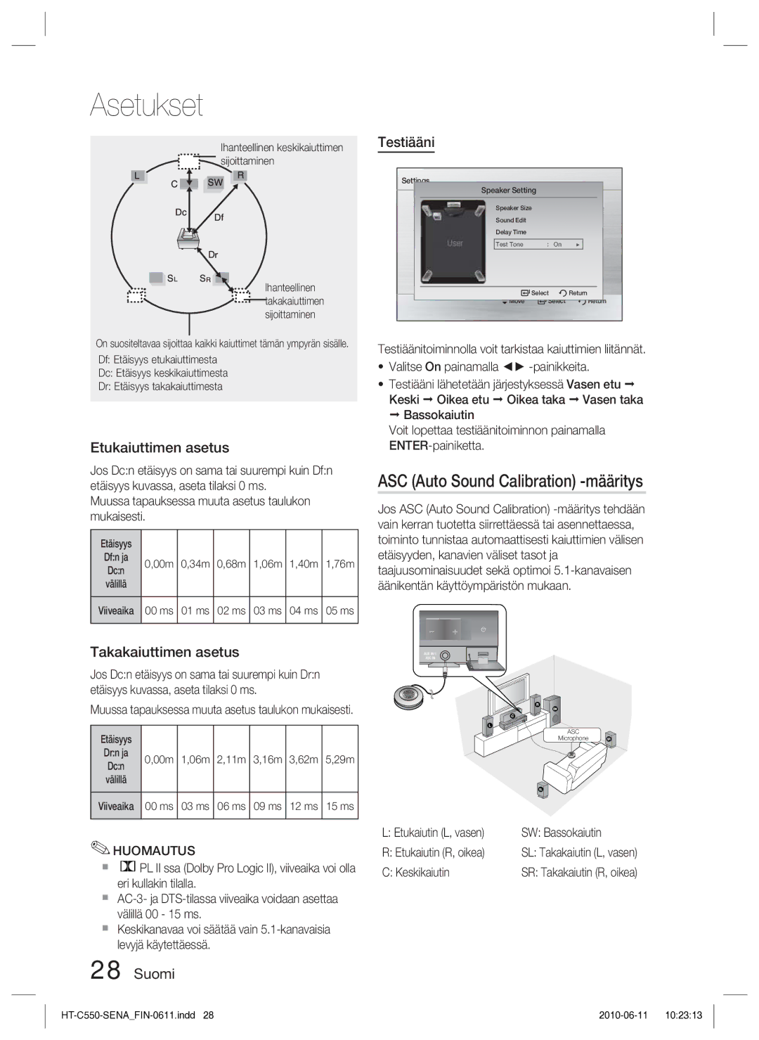 Samsung HT-C550/XEE, HT-C553/XEE, HT-C555/XEE manual ASC Auto Sound Calibration -määritys, Etukaiuttimen asetus, Testiääni 