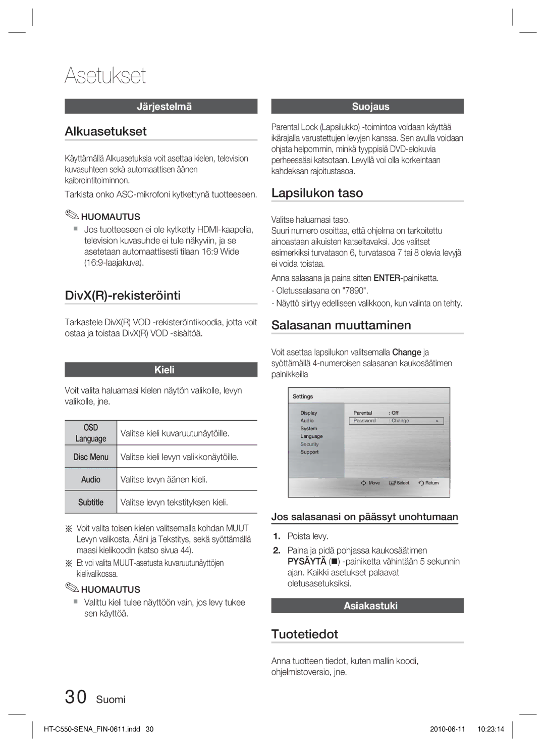 Samsung HT-C553/XEE, HT-C550/XEE Alkuasetukset, DivXR-rekisteröinti, Lapsilukon taso, Salasanan muuttaminen, Tuotetiedot 