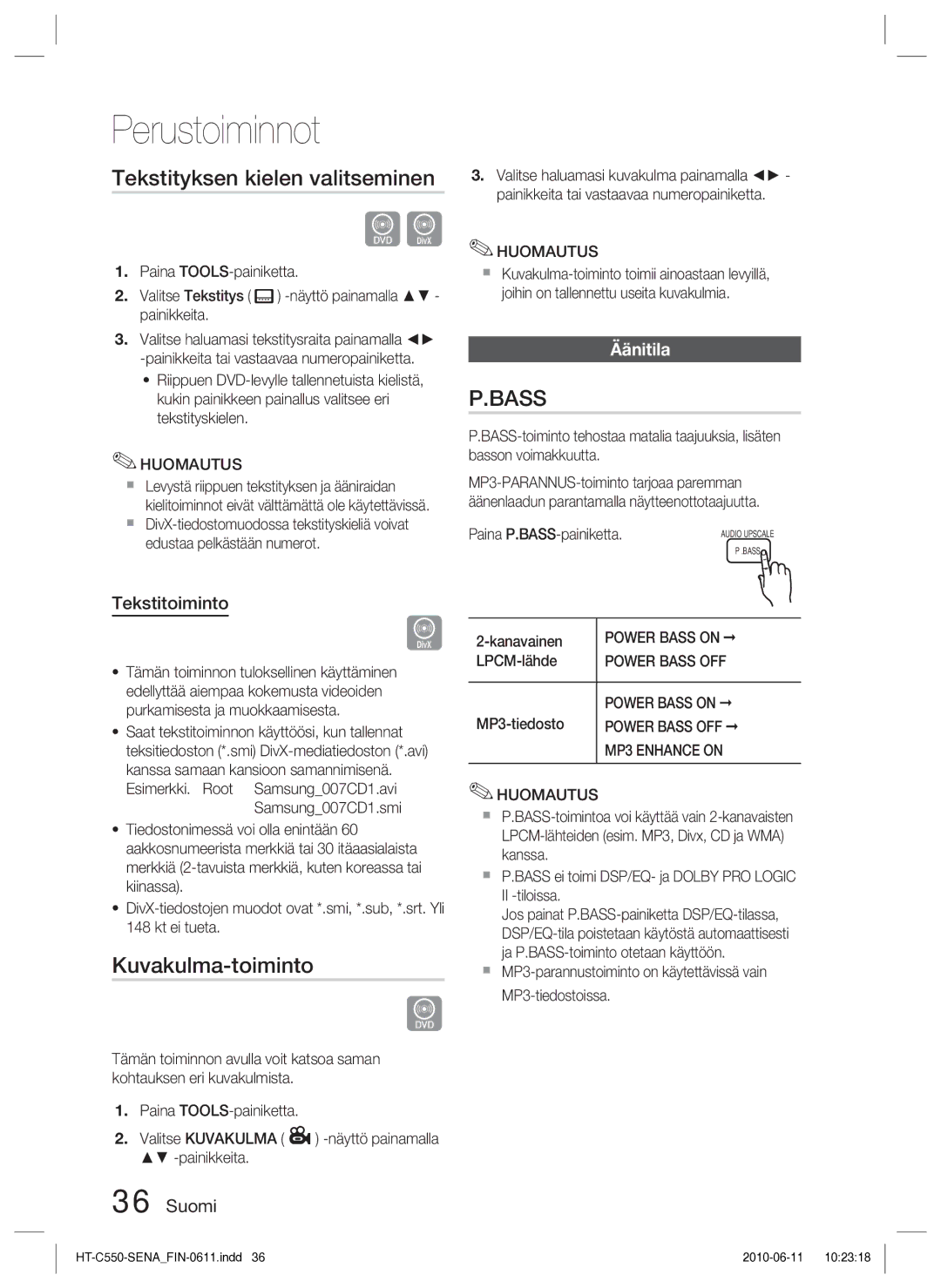 Samsung HT-C553/XEE, HT-C550/XEE manual Tekstityksen kielen valitseminen, Kuvakulma-toiminto, Äänitila, Tekstitoiminto 