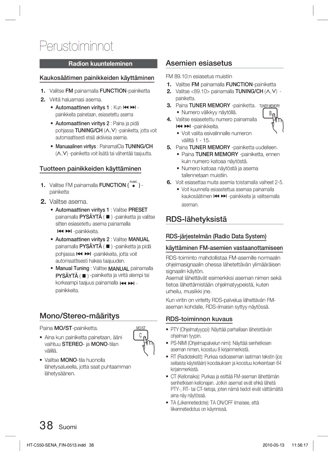 Samsung HT-C555/XEE manual Mono/Stereo-määritys, Asemien esiasetus, RDS-lähetyksistä, Valitse asema, Radion kuunteleminen 