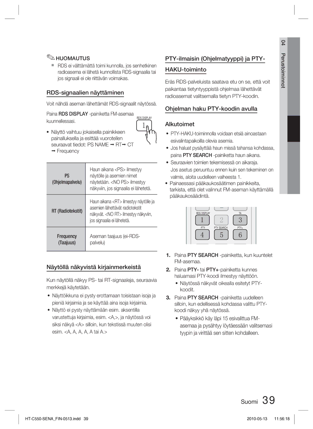 Samsung HT-C553/XEE, HT-C550/XEE RDS-signaalien näyttäminen, PTY-ilmaisin Ohjelmatyyppi ja PTY, HAKU-toiminto, Alkutoimet 