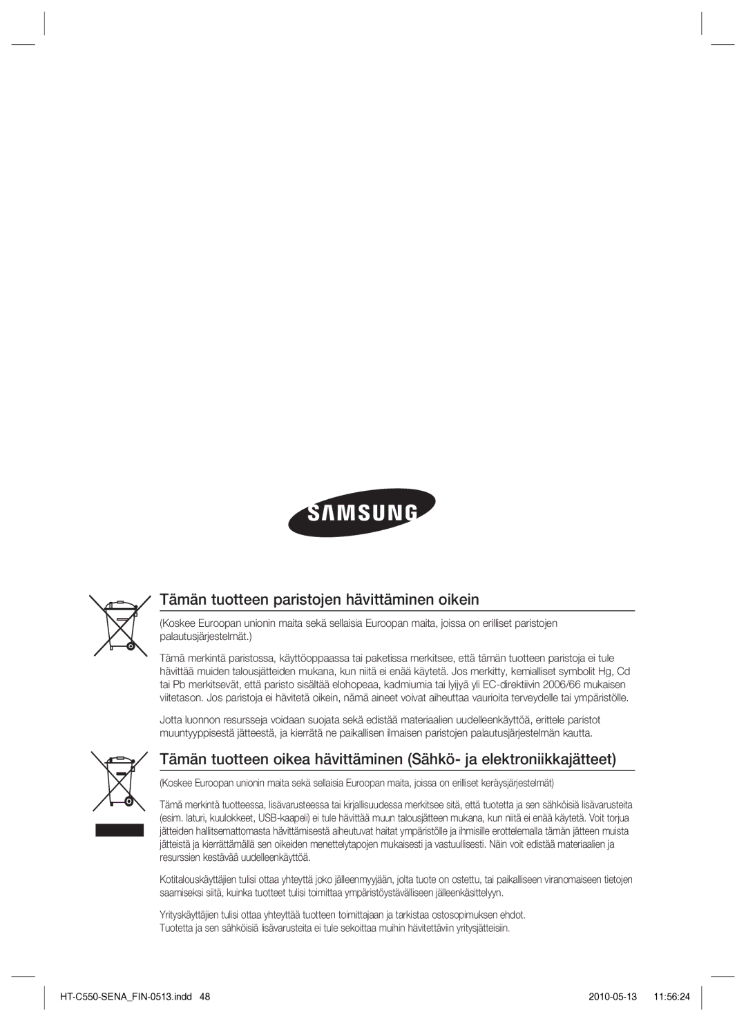 Samsung HT-C553/XEE, HT-C550/XEE, HT-C555/XEE manual Tämän tuotteen paristojen hävittäminen oikein 