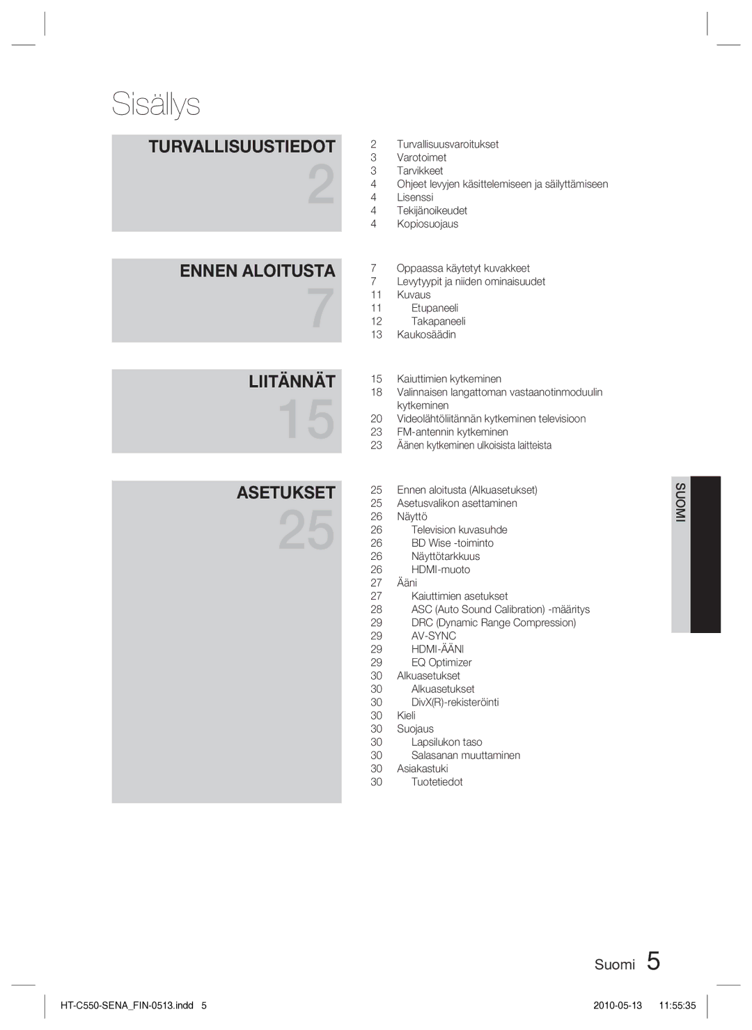 Samsung HT-C555/XEE, HT-C553/XEE, HT-C550/XEE manual Sisällys 