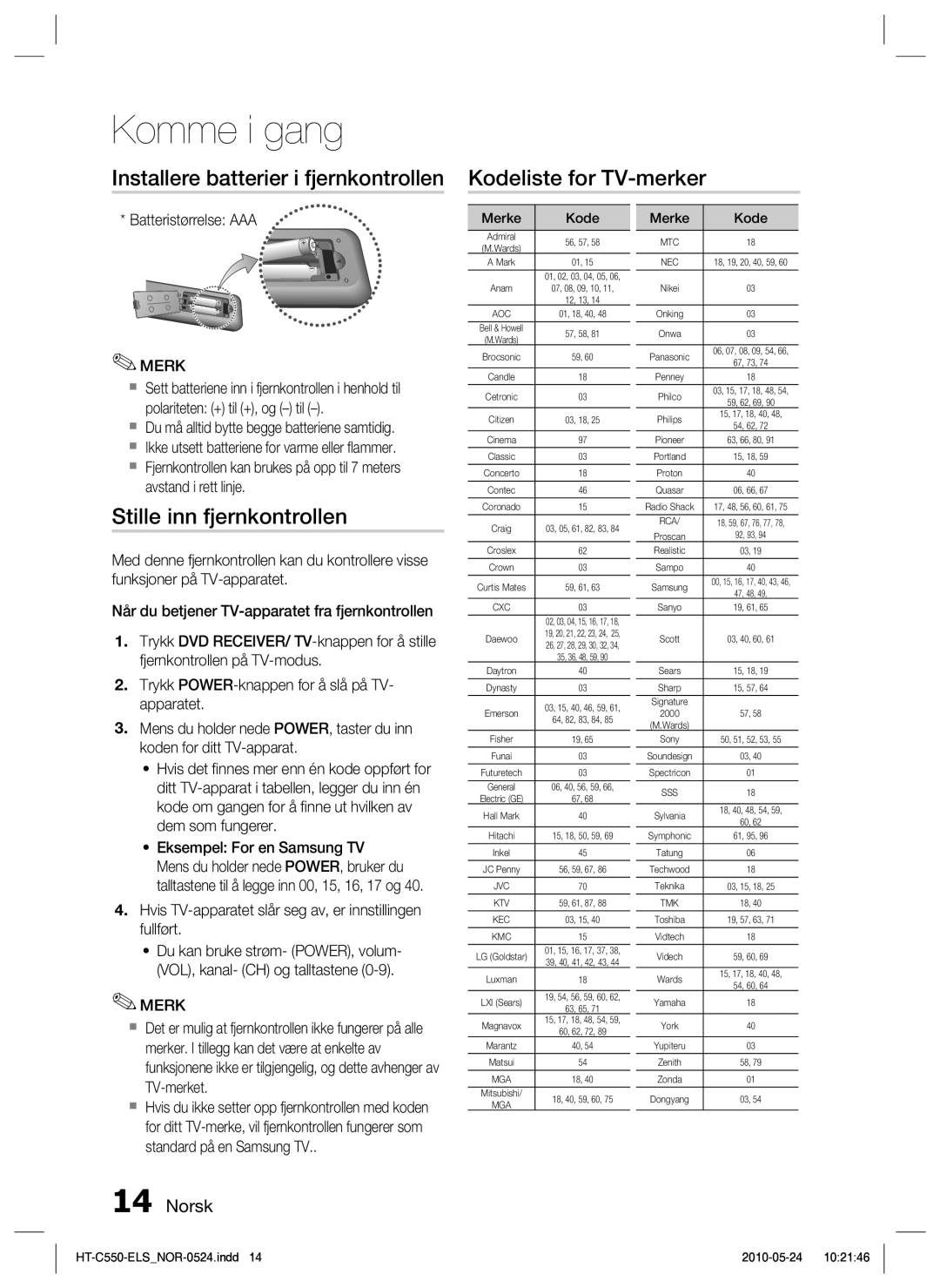 Samsung HT-C555/XEE, HT-C553/XEE, HT-C550/XEE manual Stille inn fjernkontrollen, Batteristørrelse AAA 