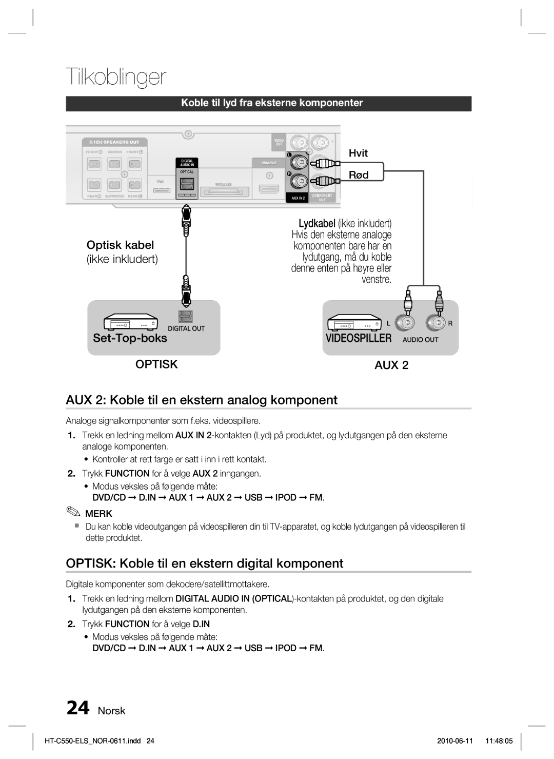 Samsung HT-C553/XEE AUX 2 Koble til en ekstern analog komponent, Optisk Koble til en ekstern digital komponent, Hvit, Rød 