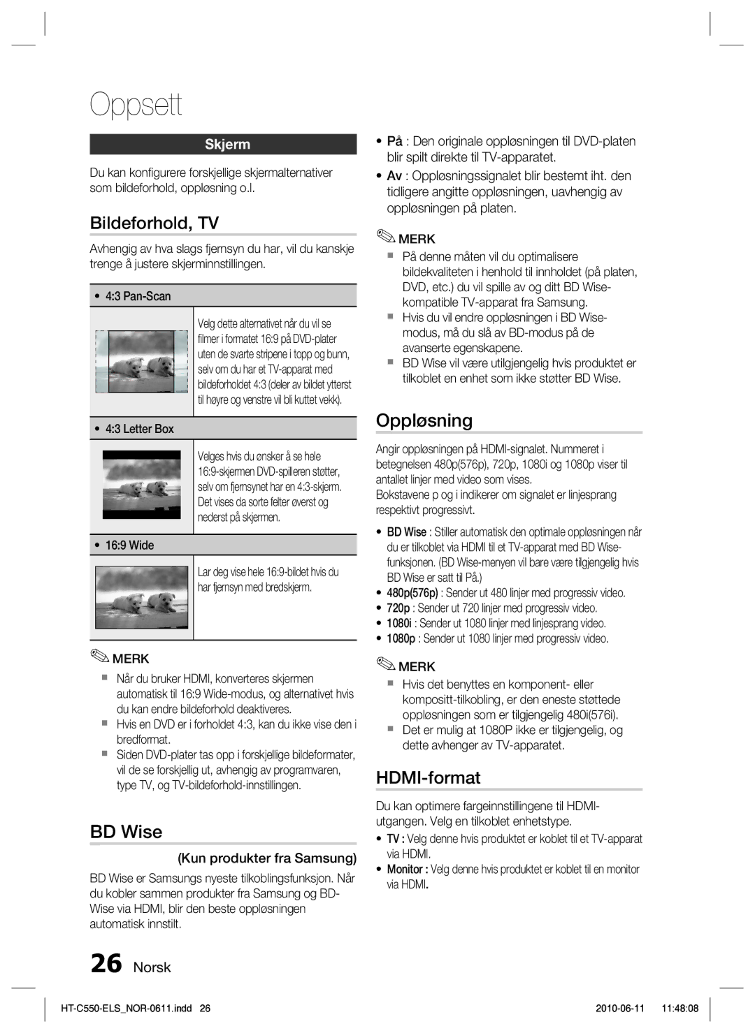 Samsung HT-C555/XEE, HT-C553/XEE, HT-C550/XEE manual Bildeforhold, TV, BD Wise, Oppløsning, HDMI-format, Skjerm 