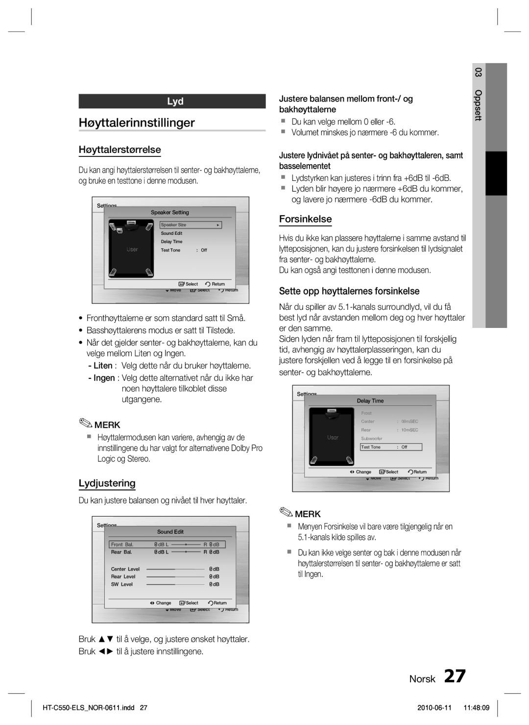 Samsung HT-C553/XEE, HT-C550/XEE, HT-C555/XEE manual Høyttalerinnstillinger, Lyd 