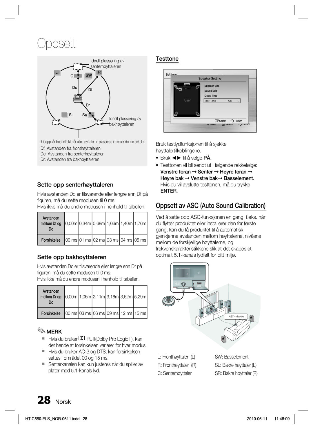 Samsung HT-C550/XEE Oppsett av ASC Auto Sound Calibration, Testtone, Sette opp senterhøyttaleren, Sette opp bakhøyttaleren 