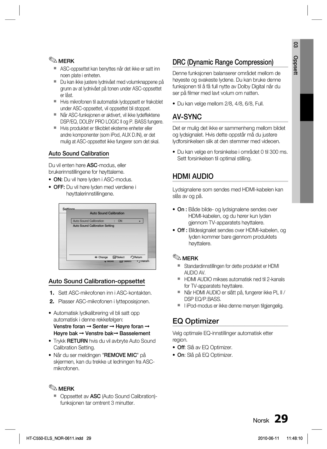 Samsung HT-C555/XEE, HT-C553/XEE manual DRC Dynamic Range Compression, EQ Optimizer, Auto Sound Calibration-oppsettet 