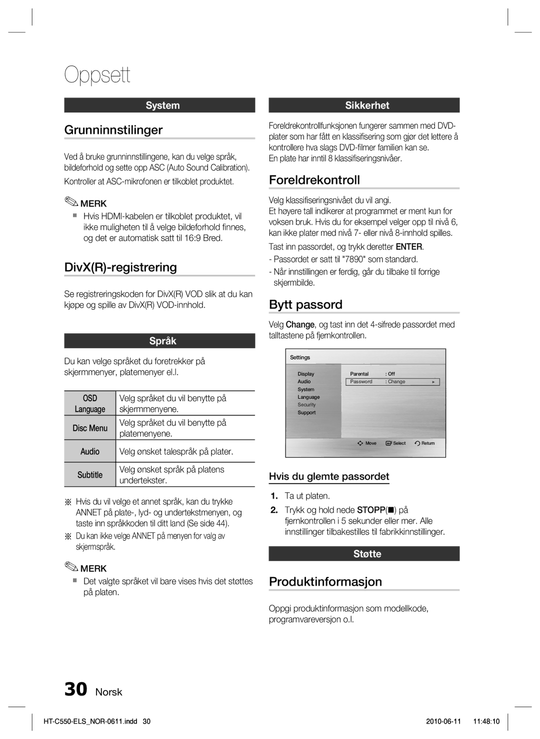 Samsung HT-C553/XEE, HT-C550/XEE Grunninnstilinger, DivXR-registrering, Foreldrekontroll, Bytt passord, Produktinformasjon 