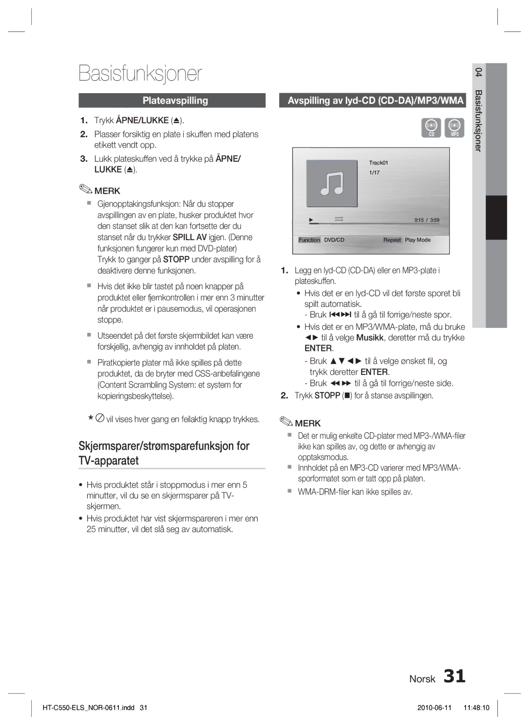 Samsung HT-C550/XEE, HT-C553/XEE manual Basisfunksjoner, Skjermsparer/strømsparefunksjon for TV-apparatet, Plateavspilling 