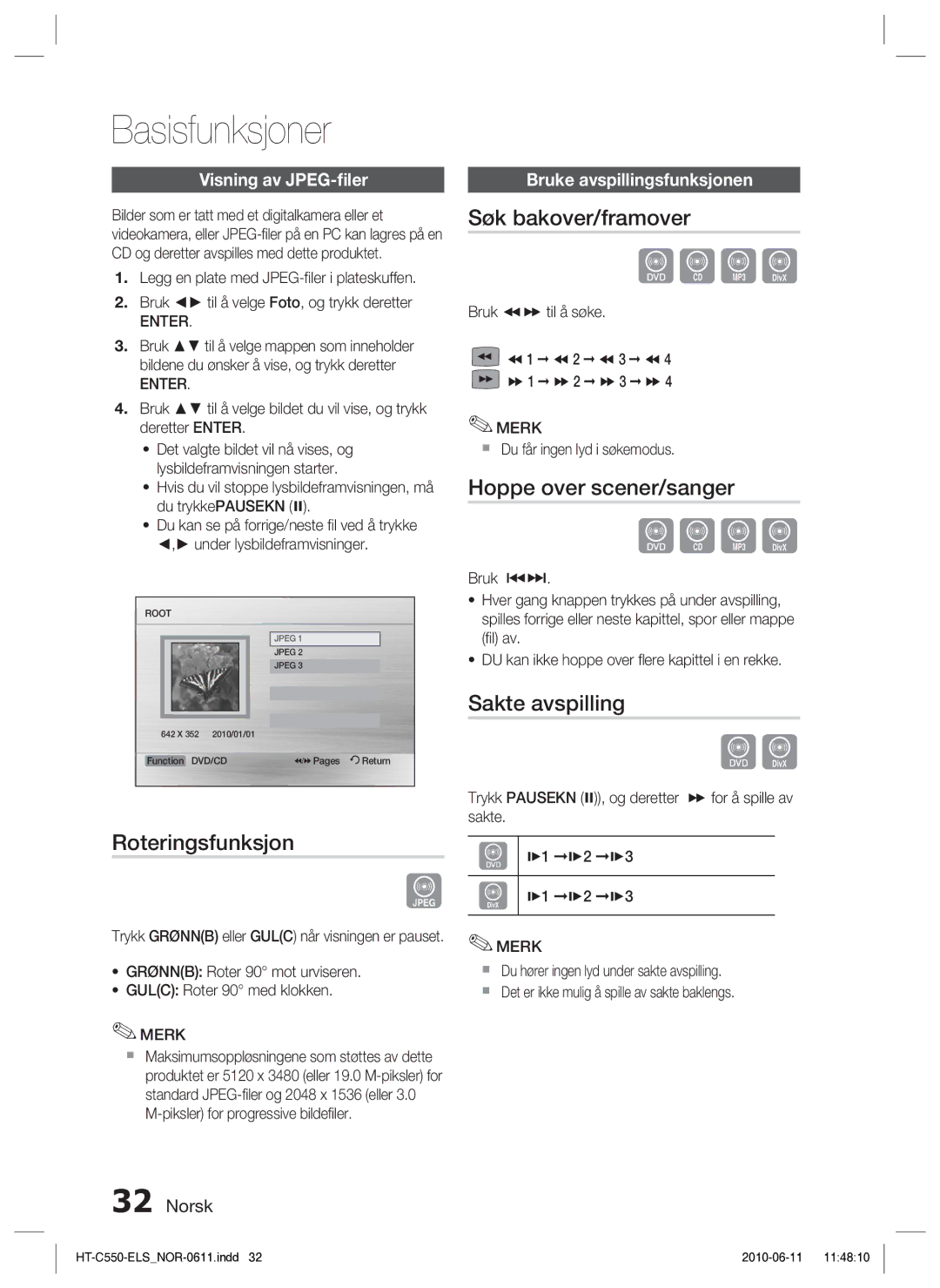 Samsung HT-C555/XEE, HT-C553/XEE manual Roteringsfunksjon, Søk bakover/framover, Hoppe over scener/sanger, Sakte avspilling 