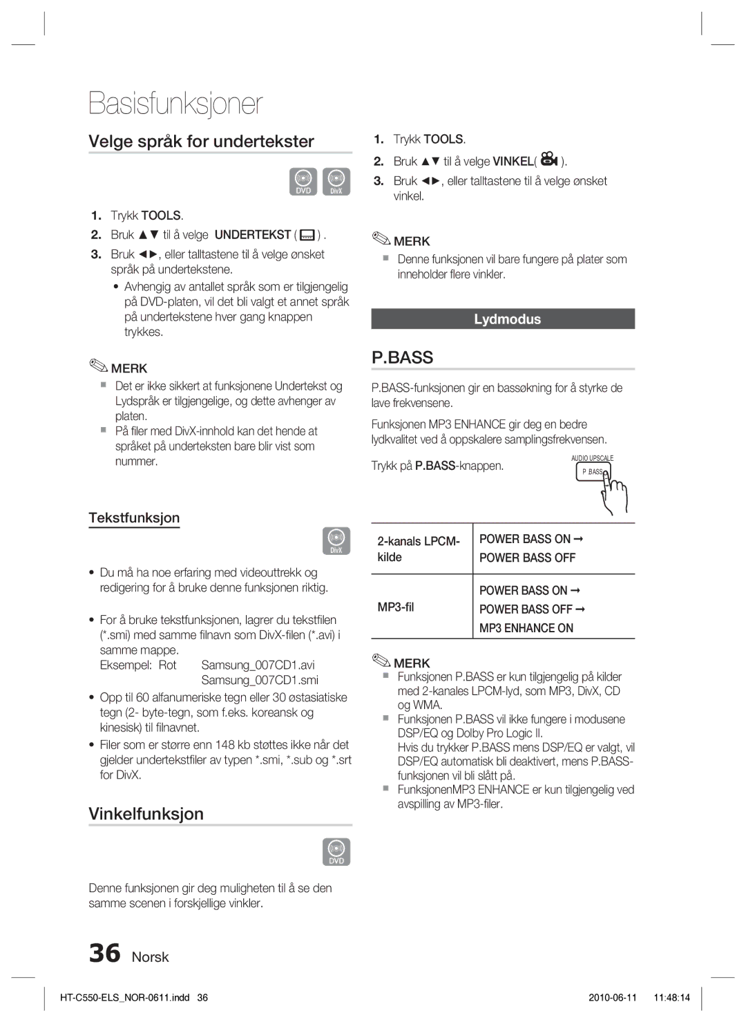 Samsung HT-C553/XEE, HT-C550/XEE, HT-C555/XEE manual Velge språk for undertekster, Vinkelfunksjon, Lydmodus, Tekstfunksjon 