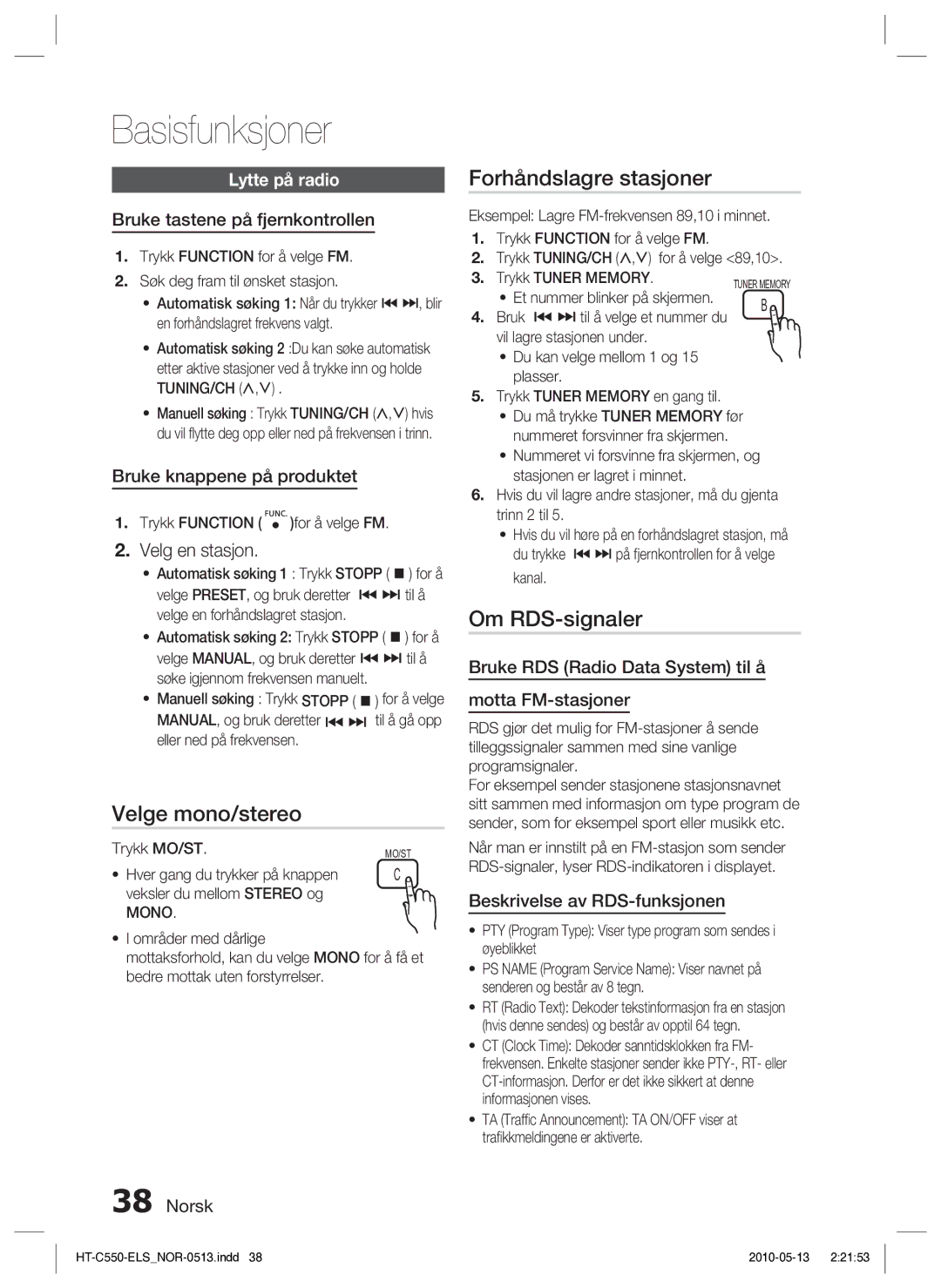 Samsung HT-C555/XEE manual Velge mono/stereo, Forhåndslagre stasjoner, Om RDS-signaler, Velg en stasjon, Lytte på radio 