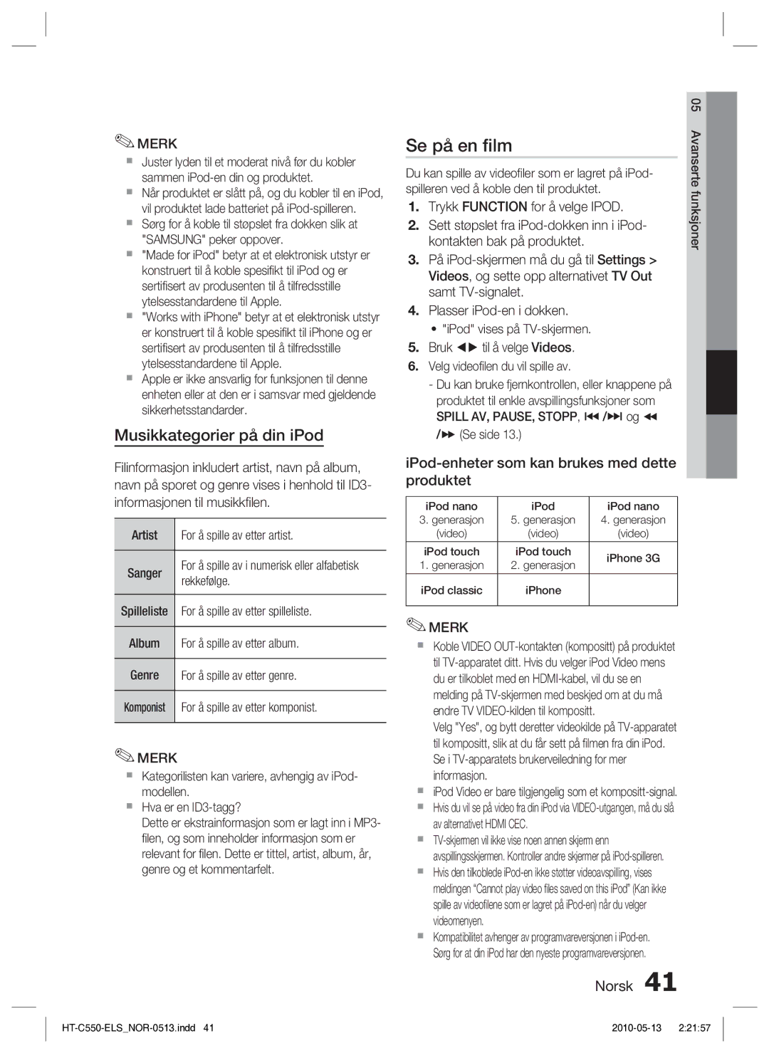 Samsung HT-C555/XEE manual Se på en ﬁlm, Musikkategorier på din iPod, IPod-enheter som kan brukes med dette produktet 