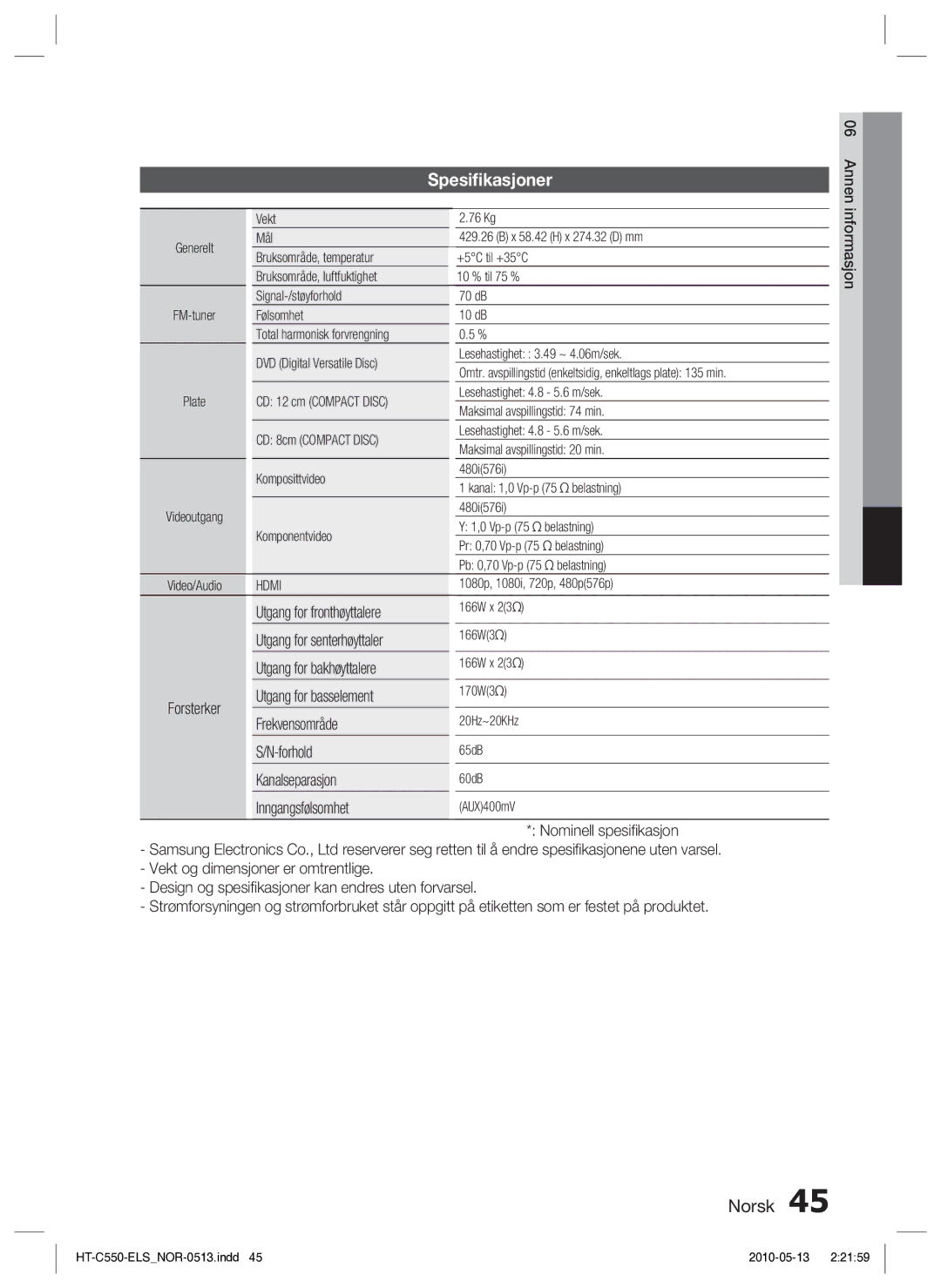 Samsung HT-C553/XEE, HT-C550/XEE, HT-C555/XEE Spesiﬁkasjoner, Frekvensområde, Forhold, Kanalseparasjon, Inngangsfølsomhet 