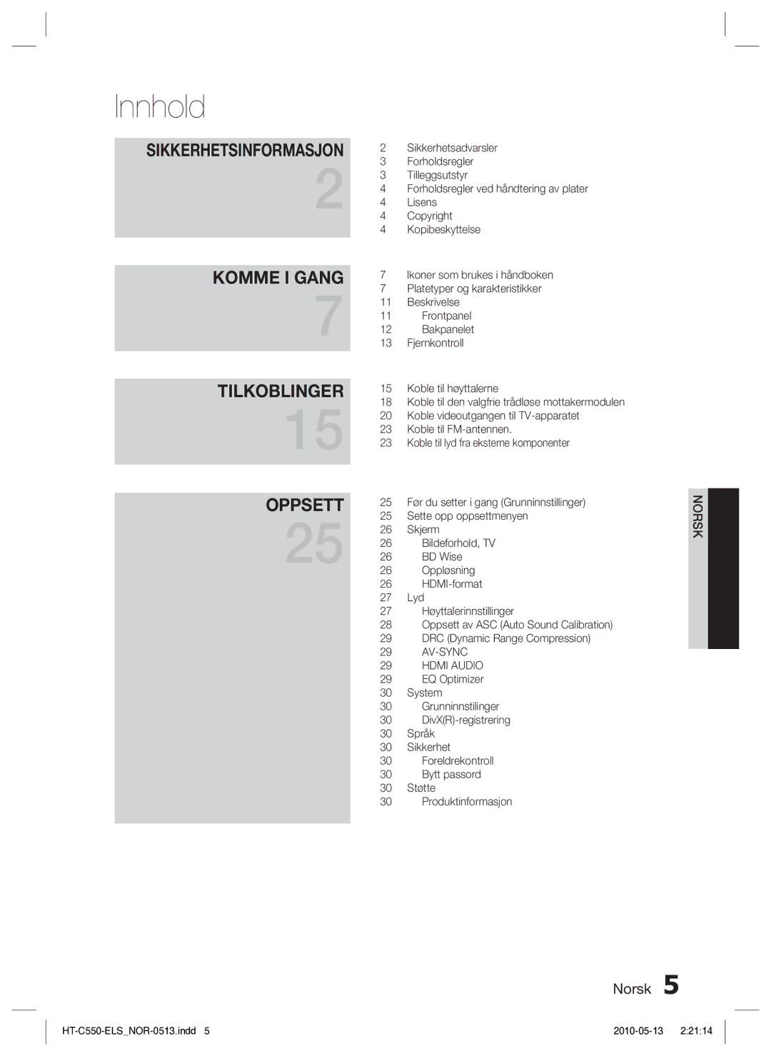 Samsung HT-C555/XEE, HT-C553/XEE, HT-C550/XEE manual Innhold, Sikkerhetsinformasjon 