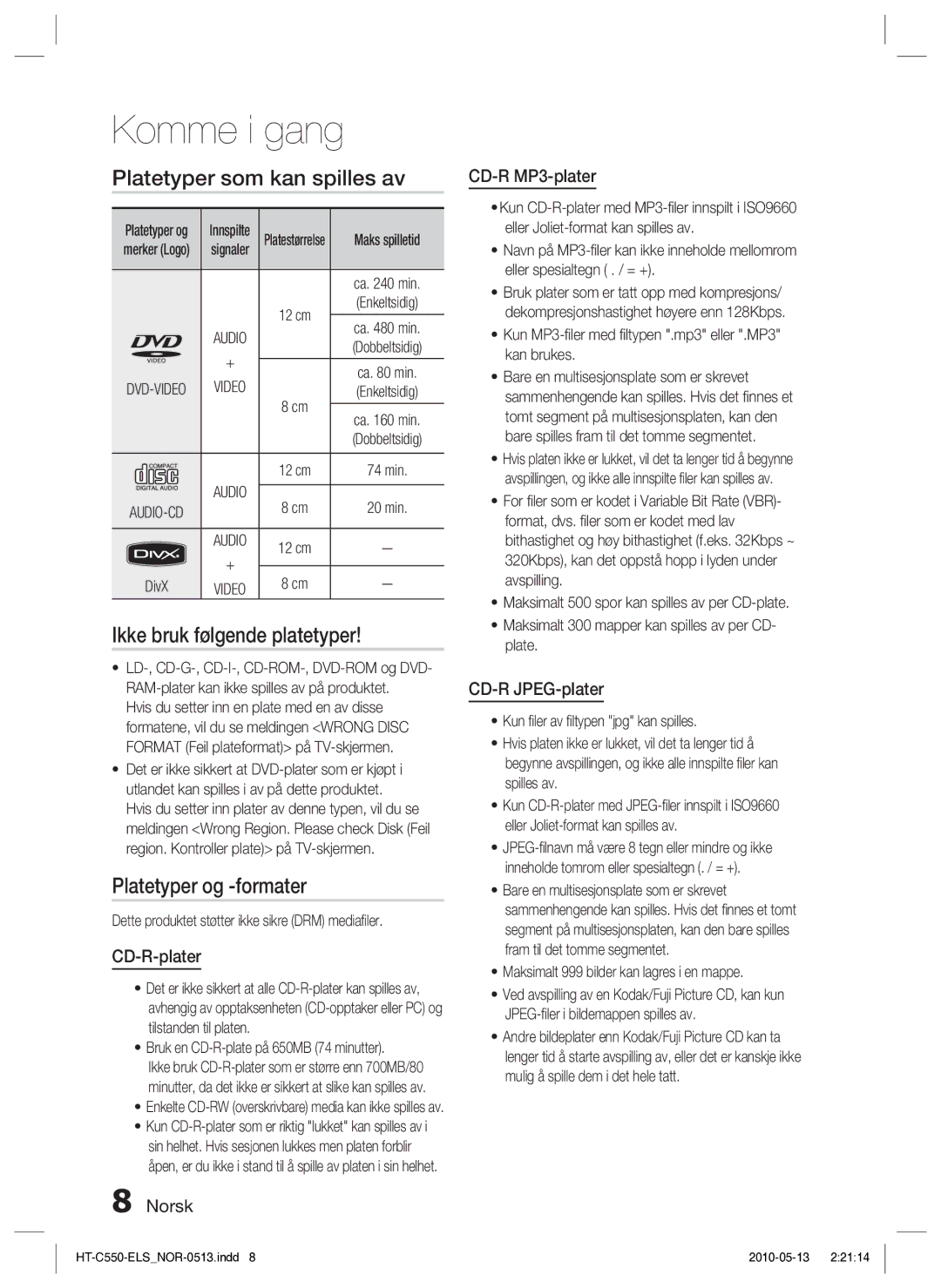 Samsung HT-C555/XEE, HT-C553/XEE Platetyper som kan spilles av, Ikke bruk følgende platetyper, Platetyper og -formater 