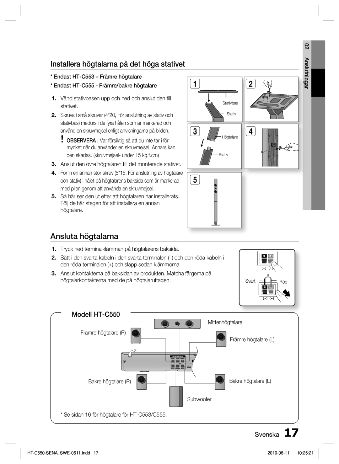 Samsung HT-C555/XEE manual Installera högtalarna på det höga stativet, Ansluta högtalarna, Modell HT-C550, Mittenhögtalare 