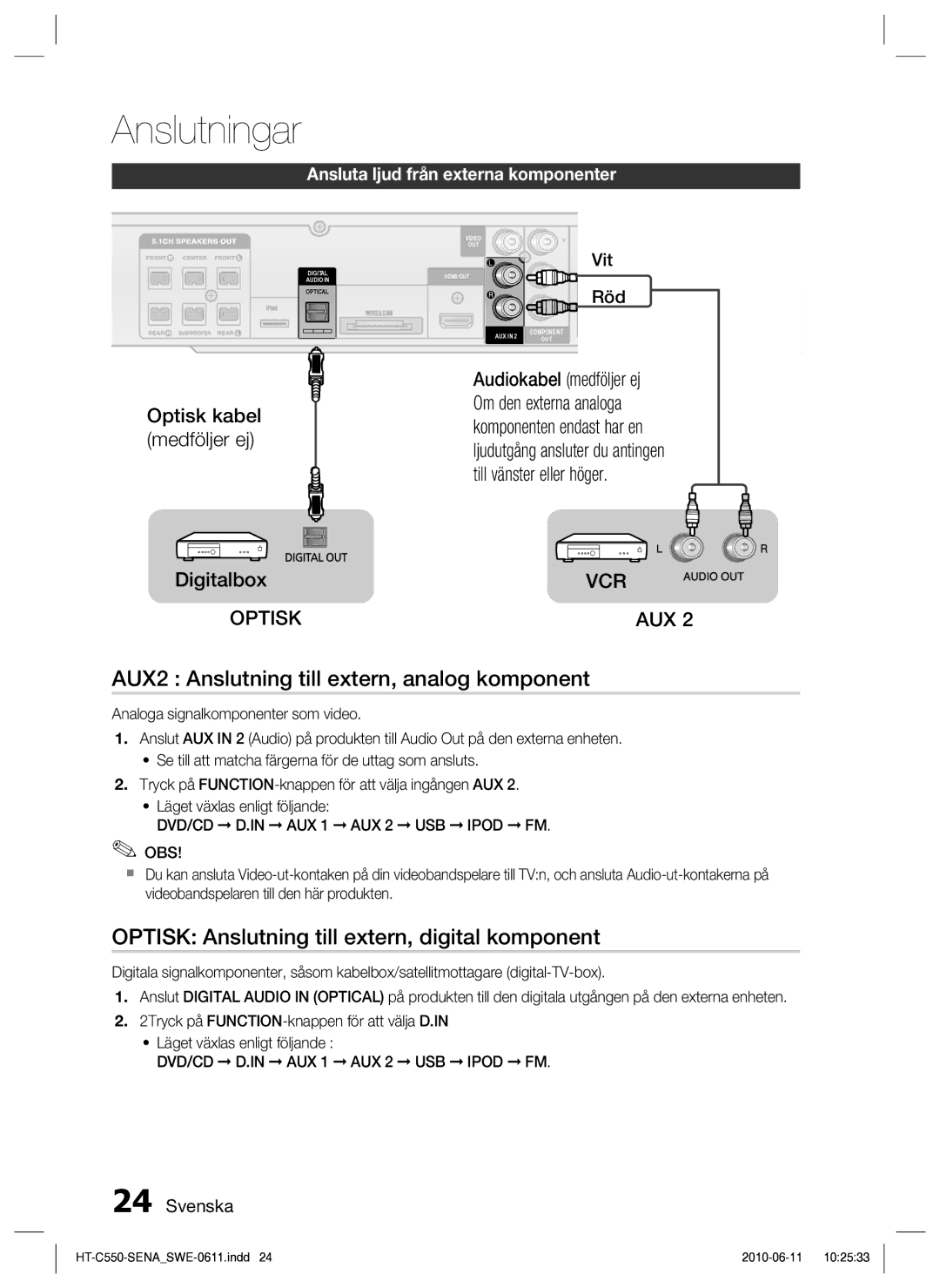 Samsung HT-C553/XEE AUX2 Anslutning till extern, analog komponent, Optisk Anslutning till extern, digital komponent, Vit 