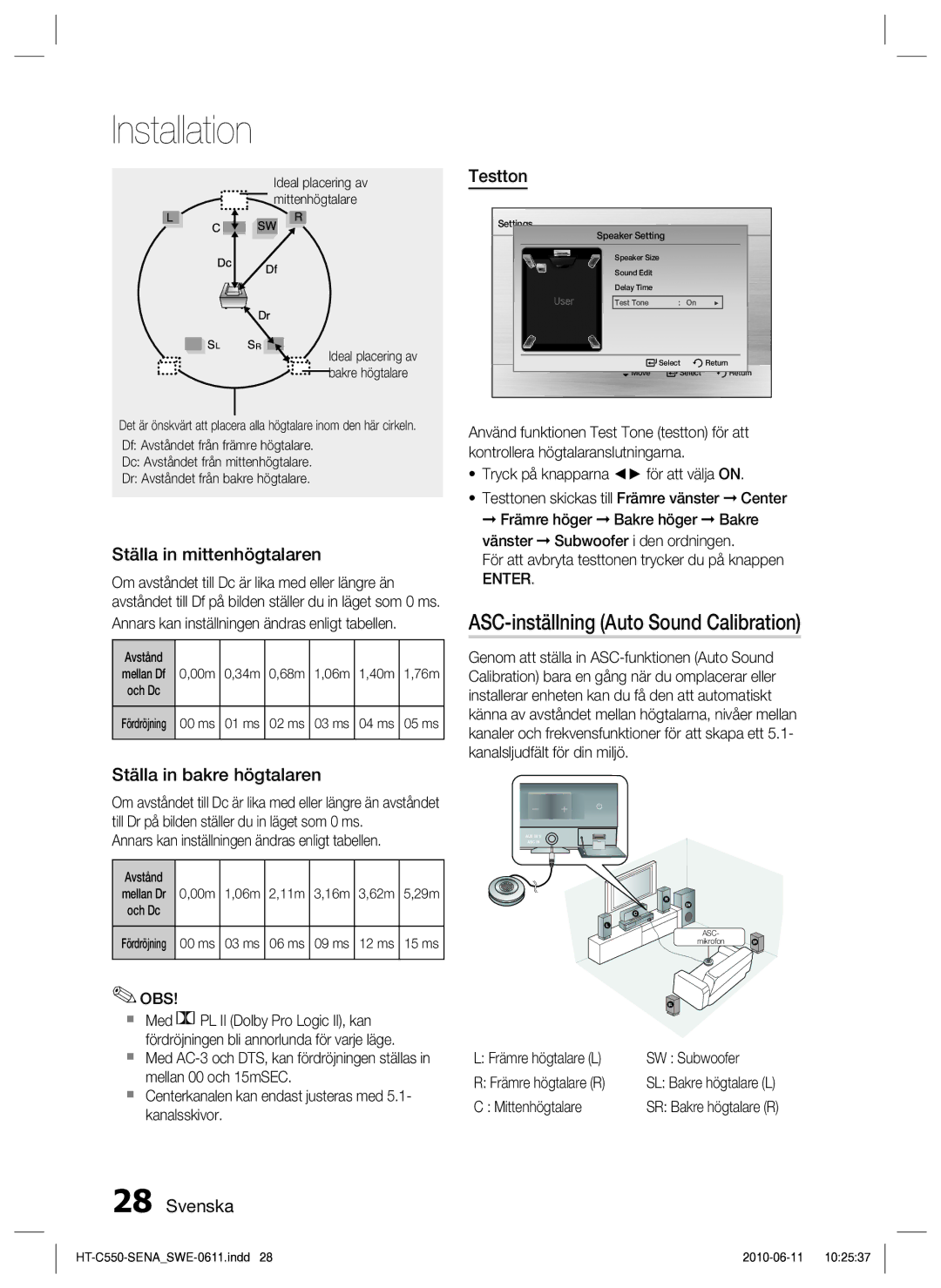 Samsung HT-C550/XEE, HT-C553/XEE, HT-C555/XEE ASC-inställning Auto Sound Calibration, Ställa in mittenhögtalaren, Testton 