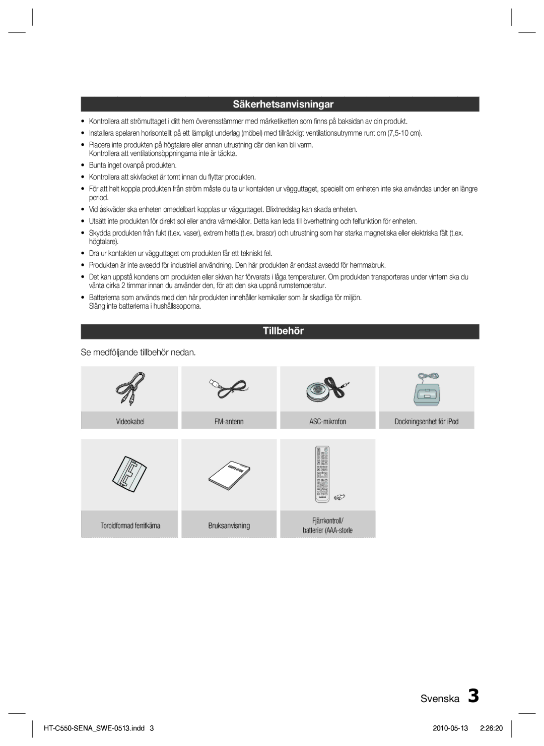 Samsung HT-C553/XEE, HT-C550/XEE, HT-C555/XEE manual Säkerhetsanvisningar, Tillbehör, Se medföljande tillbehör nedan 