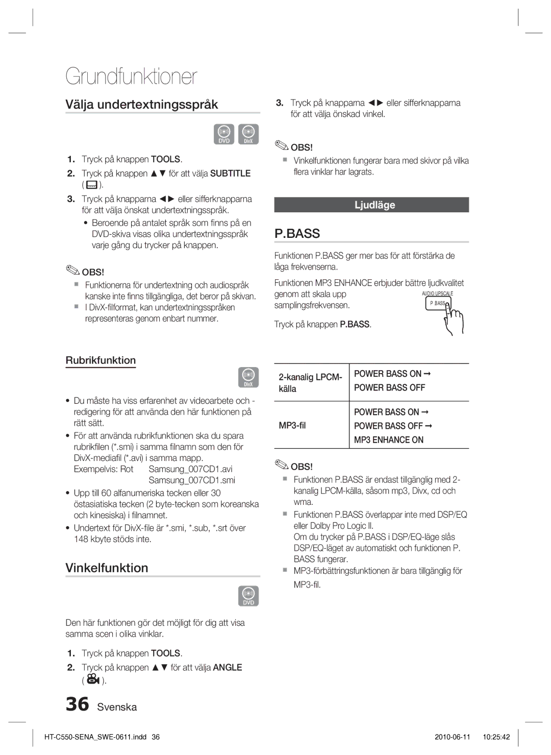 Samsung HT-C553/XEE, HT-C550/XEE, HT-C555/XEE manual Välja undertextningsspråk, Vinkelfunktion, Ljudläge, Rubrikfunktion 